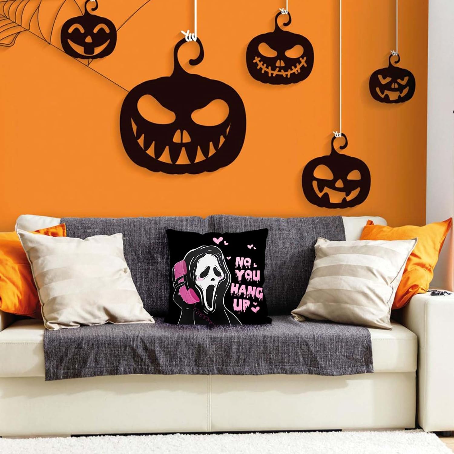 No You Hang Up – Funda de almohada con diseño de fantasma rosa, color negro, para Halloween, Día de San Valentín, decoración para sofá, dormitorio,