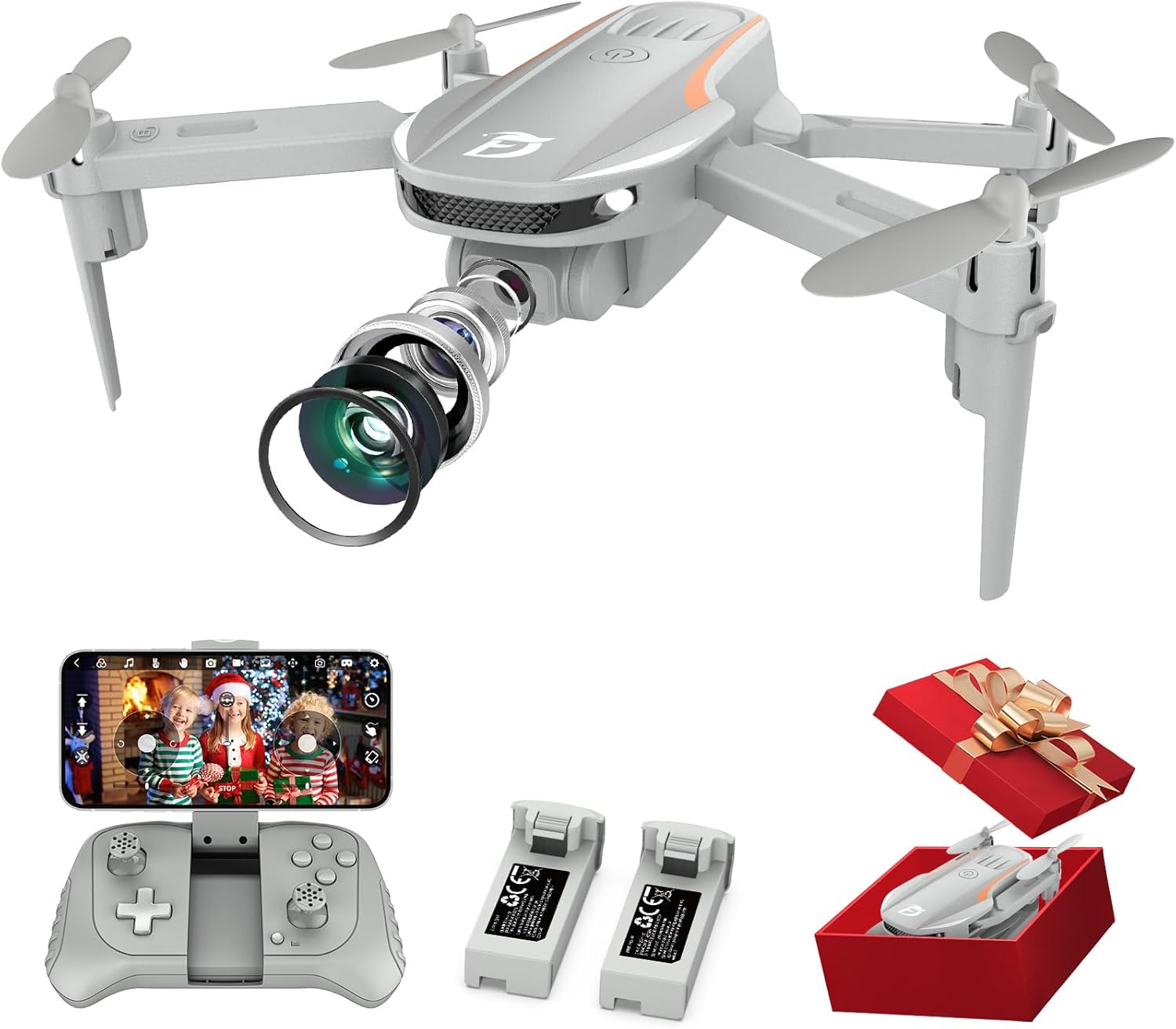 Ficinto Drone cuadricóptero plegable FPV 1080P con cámara, para adultos, niños, principiantes, giros 3D, retención de altitud, modo sin cabeza, 2