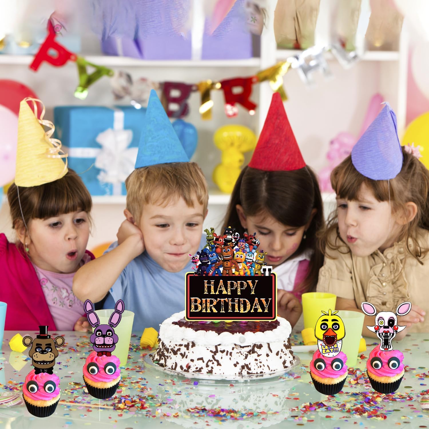 Suministros para fiesta de cumpleaños de Five Nights Freddy, 25 piezas de decoraciones de pastel de Freddy de Five Nights con adornos para cupcakes