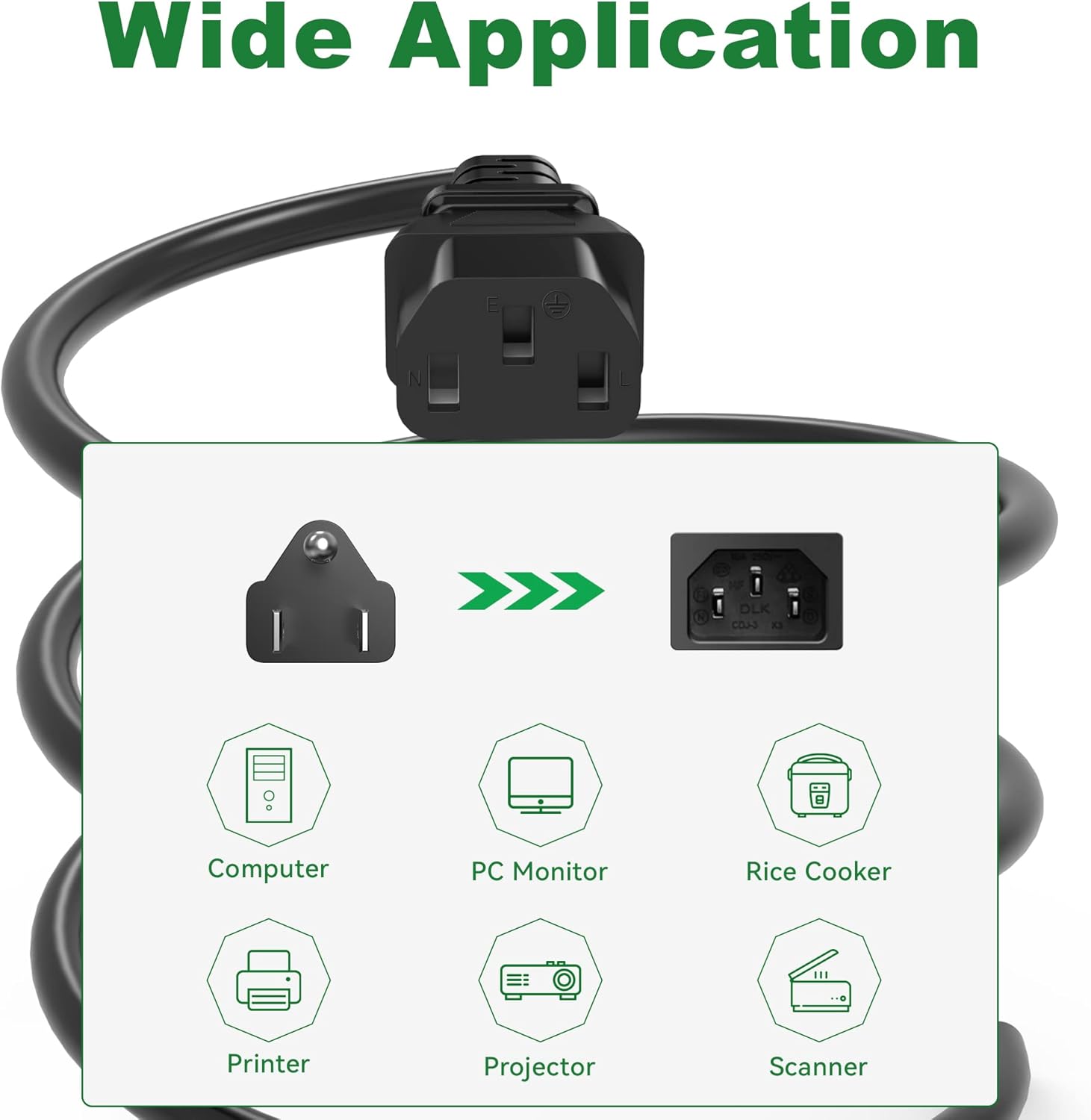 Cable de alimentación de repuesto para computadora de 10 pies (paquete de 1), cable de alimentación de CA de 3 clavijas, NEMA 5-15P a IEC13, 18 AWG,