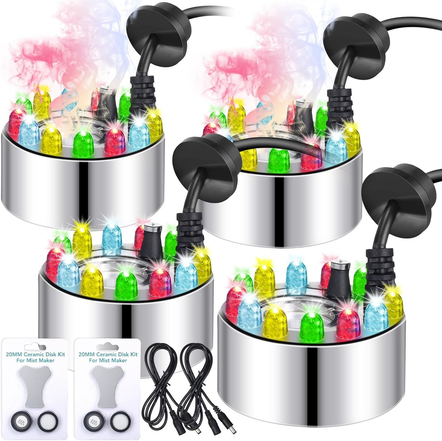 4 piezas de niebla ultrasónica de Halloween nebulizador 12 LED fuente de agua estanque máquina de niebla interior nebulizador de estanque que cambia