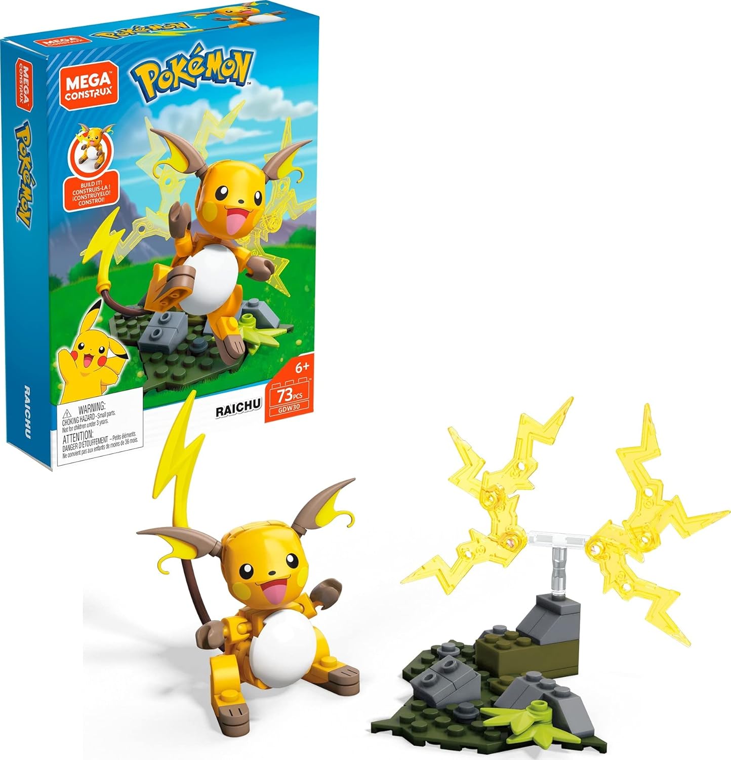 Mega Construx Pokemon Raichu – Juego de construcción con figuras de personajes, juguetes de construcción para niños, 6 años en adelante (73 piezas)