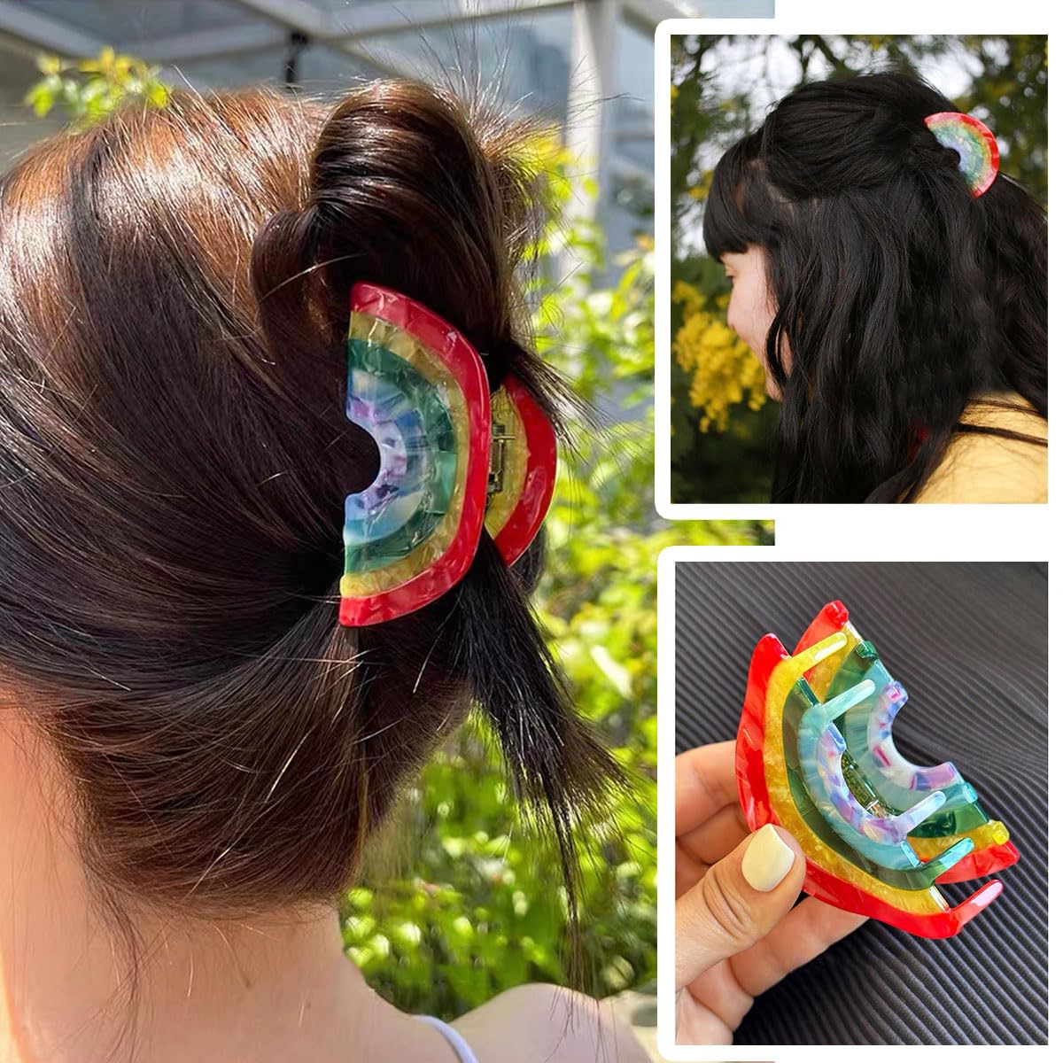 2 pinzas de pelo arcoíris para cabello fino y grueso, pinzas antideslizantes para mandíbula, pinzas de acetato de moda y accesorios para mujeres y