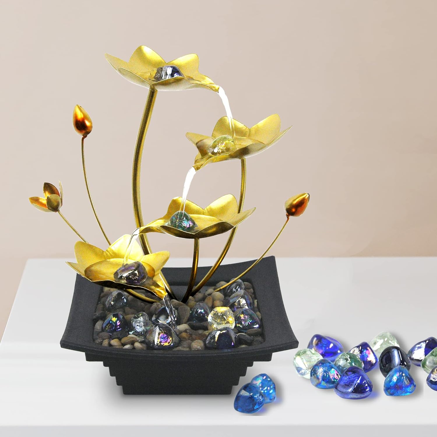 Fuente de mesa de hoja de loto para interiores de 4 niveles, mini cascada de relajación para decoración de habitaciones, fuente de agua con rocas de