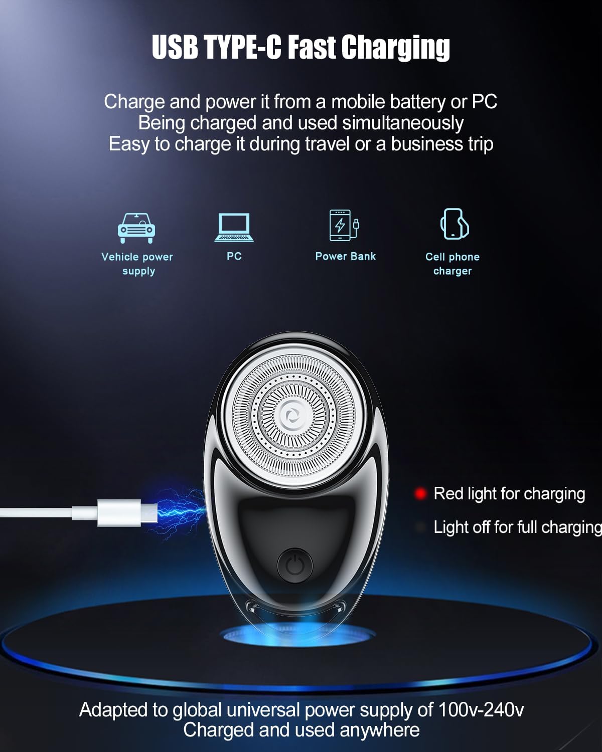 Afeitadora eléctrica de uso con un solo botón para hombre, rotativa, portátil, tamaño de bolsillo, recargable, húmedo y seco, IPX6 impermeable,