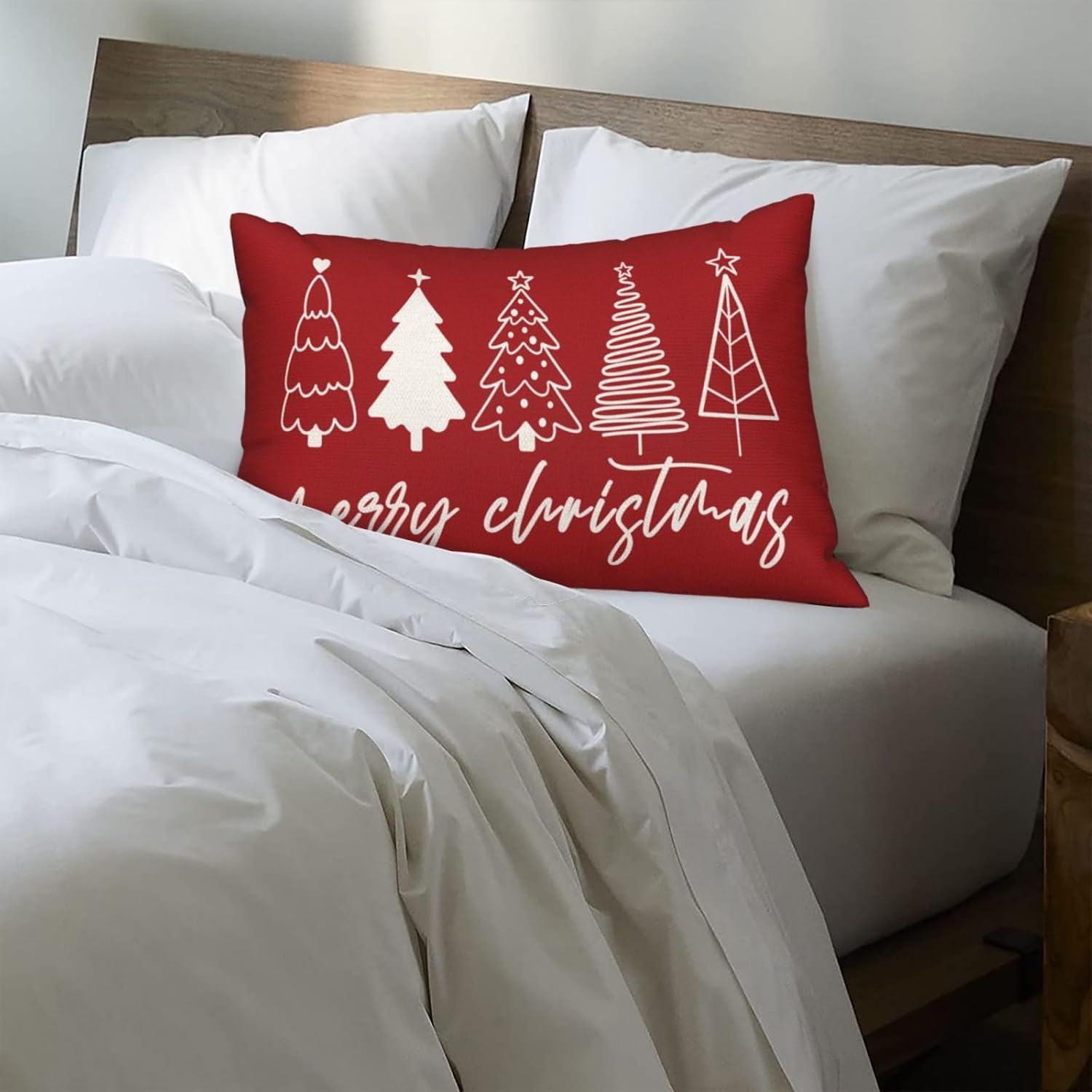 GOLIANDA Juego de 2 fundas de almohada de Navidad de 12 x 20 pulgadas, fundas de almohada de lino decorativas de invierno, Navidad, almohadas rojas