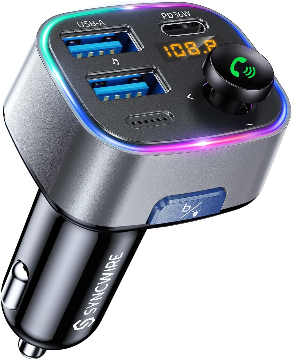 Syncwire Bluetooth 5.3 Transmisor FM Adaptador de coche 48W (PD 36W y 12W) Interruptor de luz Bajo Profundo HiFi Carga Rápida Adaptador de Música de