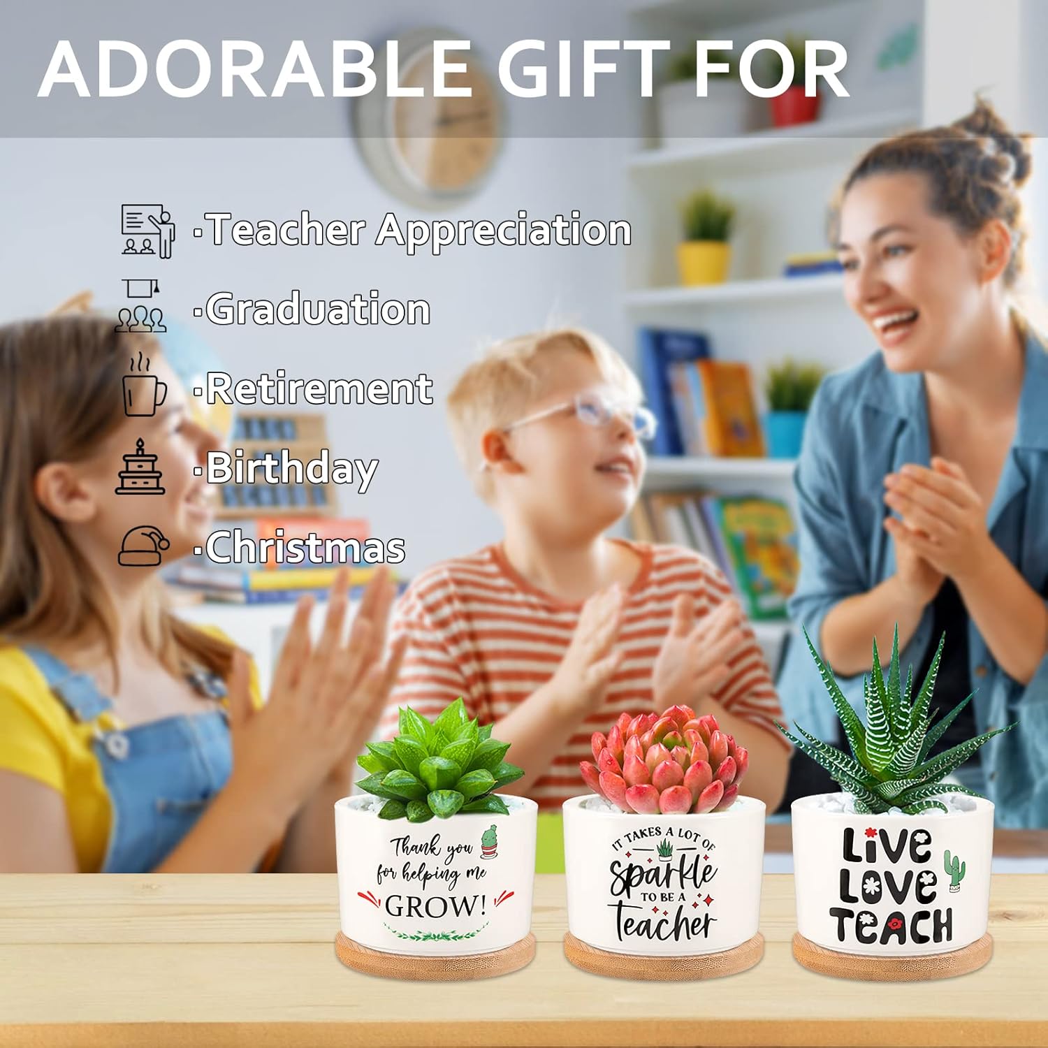 PARBEE Regalos de agradecimiento para profesores  Thank You for Helping Me Grow – Macetas para suculentas, mini maceta de cerámica, regalo de