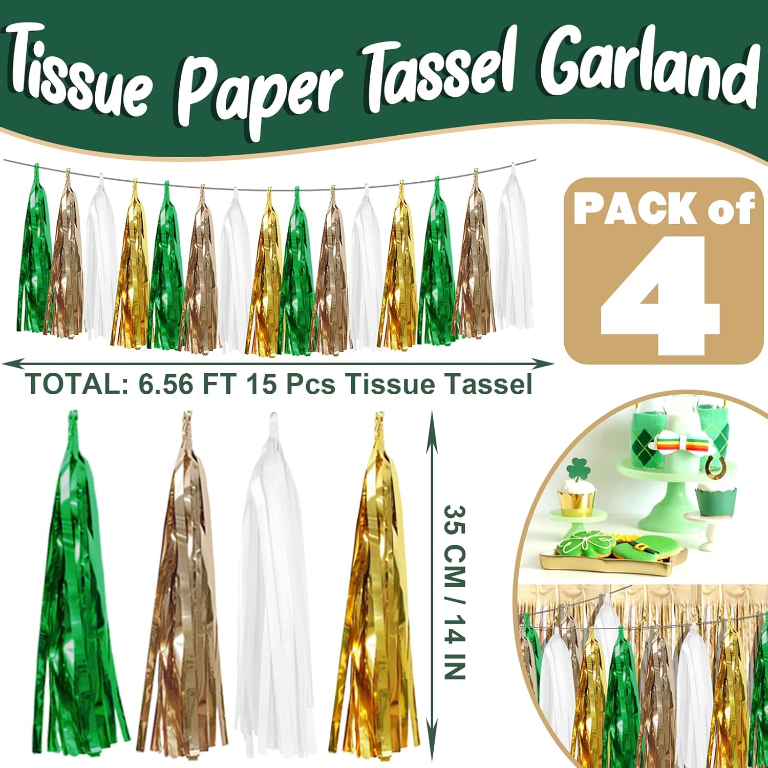 Guirnalda metálica de flecos de papel de aluminio de color verde salvia, beige, menta, con borlas para flotadores de desfile, despedida de soltera,