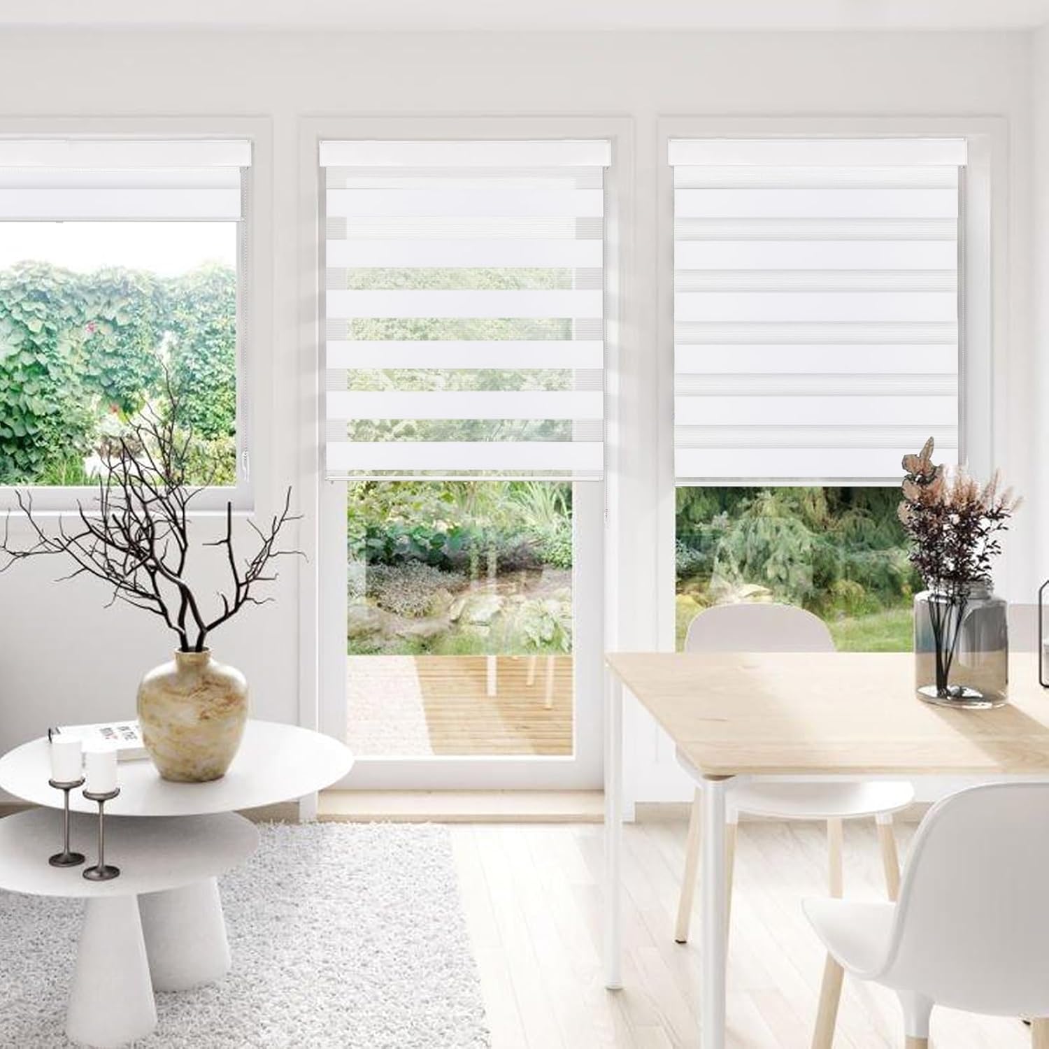 Homland Persianas enrollables opacas con diseño de cebra, color blanco, para filtrado de luz, para ventanas, material grueso con cadena de cuentas