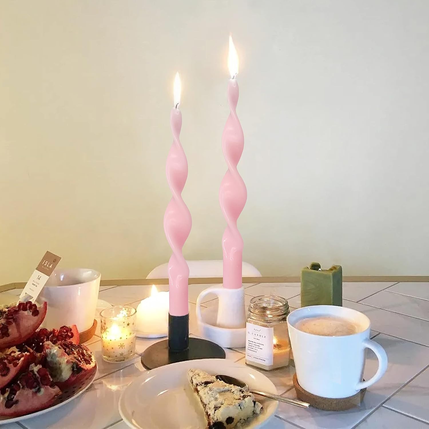 Velas en espiral, color rosa, sin perfume, 2 velas hechas a mano, velas de boda de 10 pulgadas para proponer San Valentín, cena, hogar, relajación y