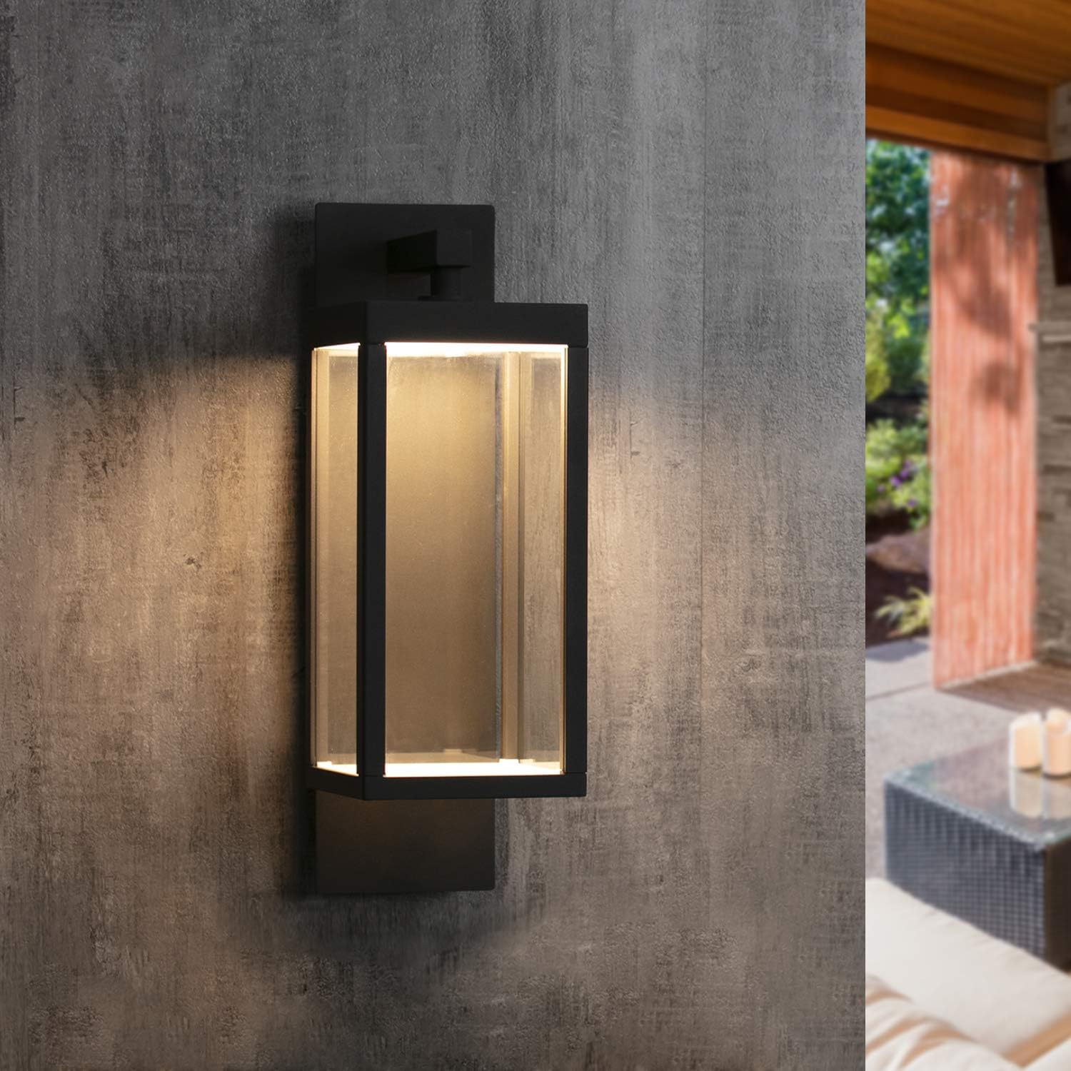 Lámpara de pared al aire libre moderna para porche exterior para casa, aplique de pared negro impermeable IP54 de 15 pulgadas con vidrio