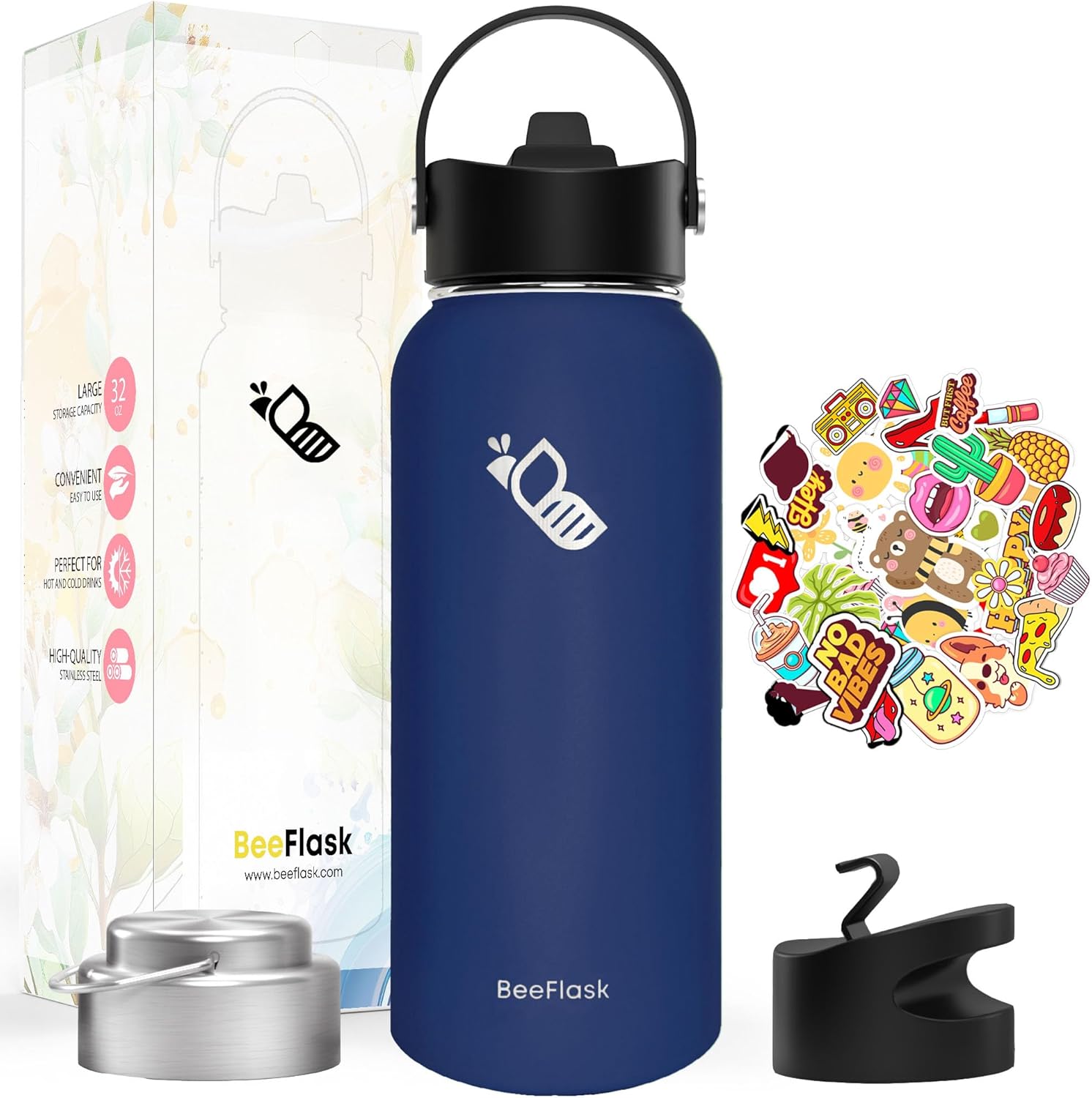 Botella de agua deportiva – 32 onzas, 3 tapas (con pajita), 50 bonitas calcomanías, aisladas al vacío, acero inoxidable 308, con una parte de las