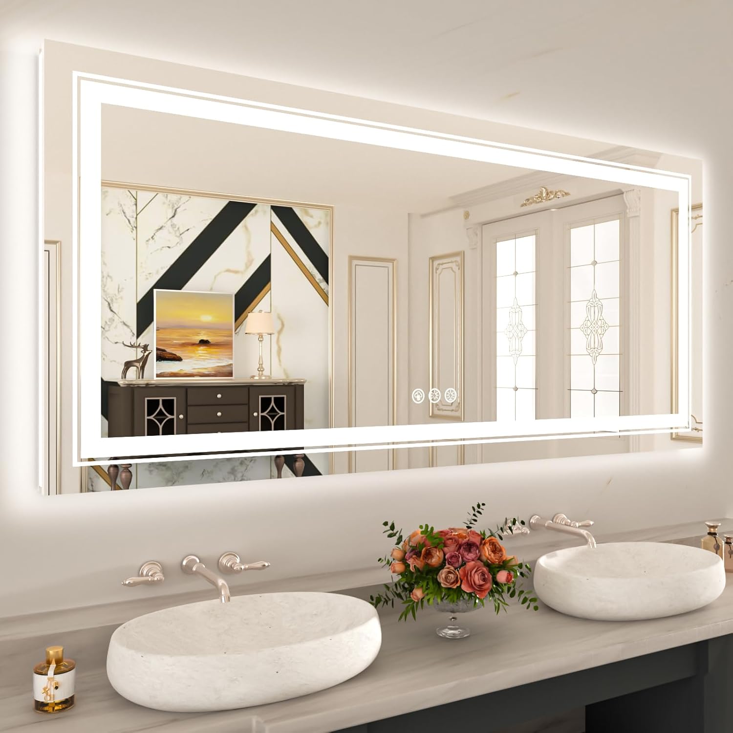 WTTY Espejo de baño LED de 60 x 30 pulgadas con retroiluminación RGB y luz frontal, espejo LED regulable continuo para baño, espejo de tocador de