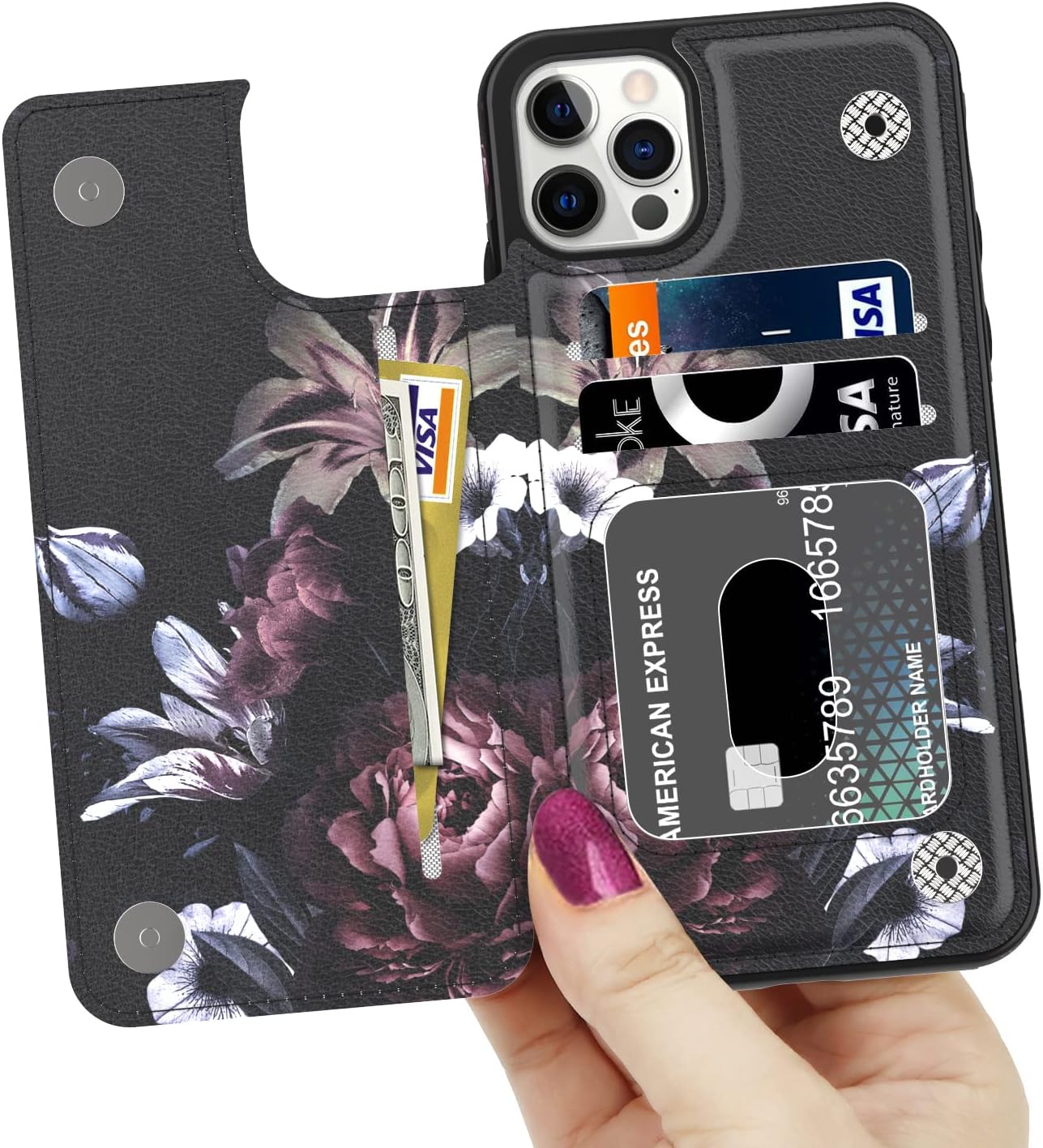 LETO Funda para iPhone 15 Pro con tapa tipo folio de cuero, diseños de flores de moda, ranuras para tarjetas, función atril, funda protectora para