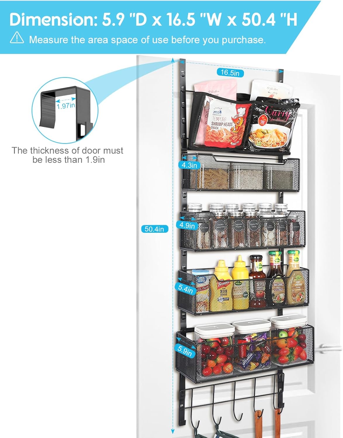 Organizador ajustable sobre la puerta, almacenamiento de puerta colgante con 4 cestas de metal y soporte de pared de bolsillo de PVC, fuerte soporte