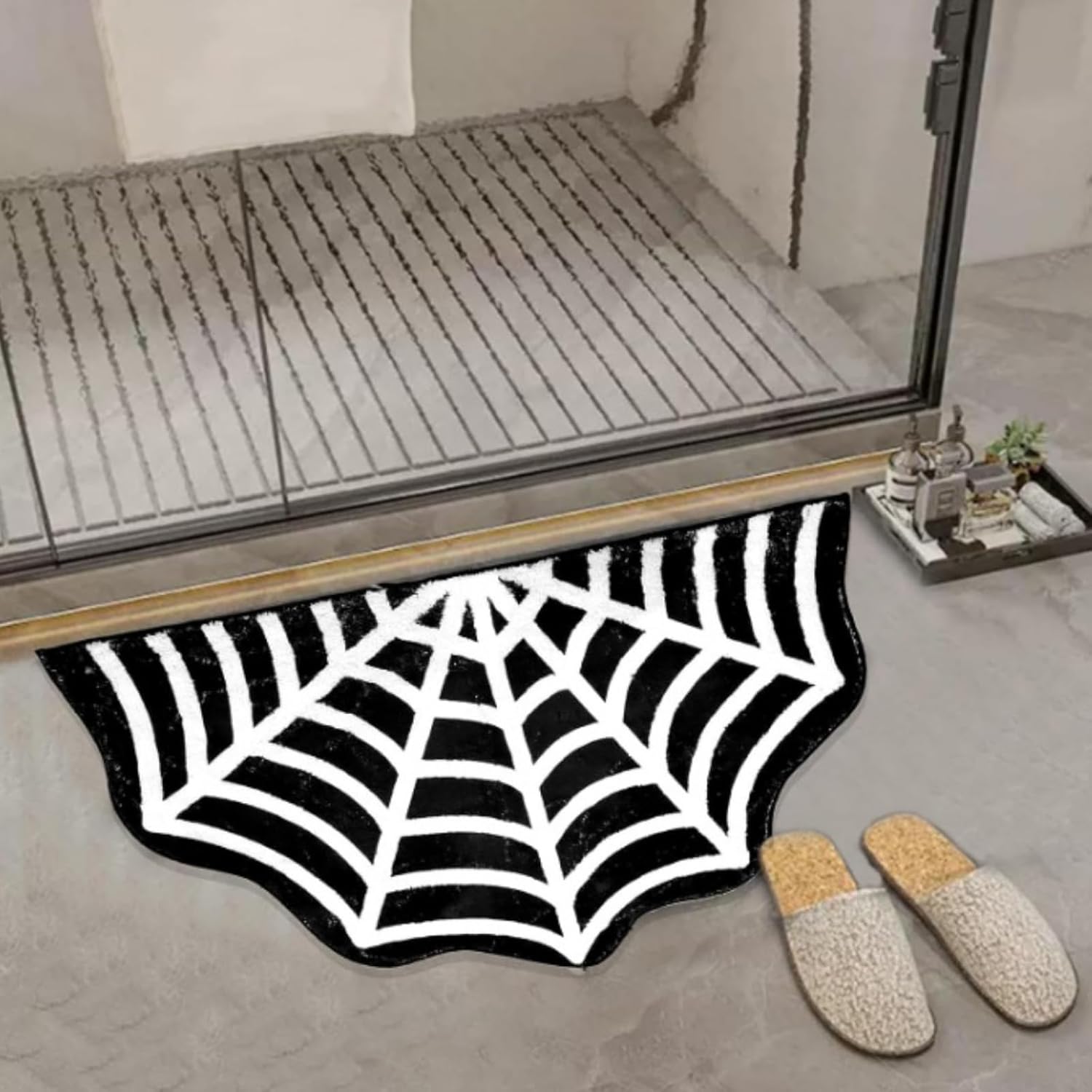 Tapete de baño de tela de araña de Halloween, antideslizante, gótico, lindo, negro y blanco, tapete de baño de medio círculo, para baño, puerta