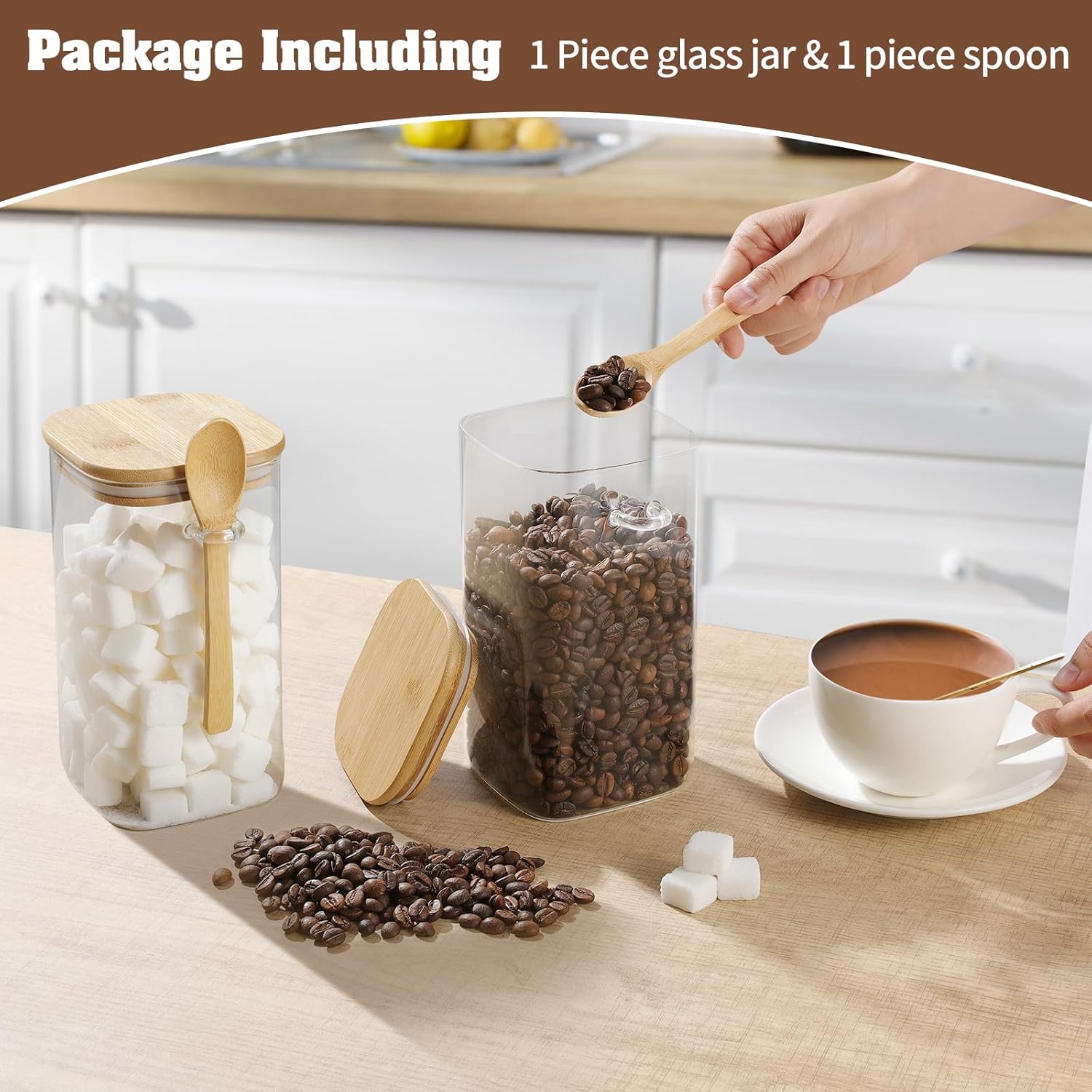 Tarro de almacenamiento cuadrado de vidrio con tapas de bambú, cucharas, recipiente de café de vidrio de 40 onzas (40.6 fl oz), recipiente de