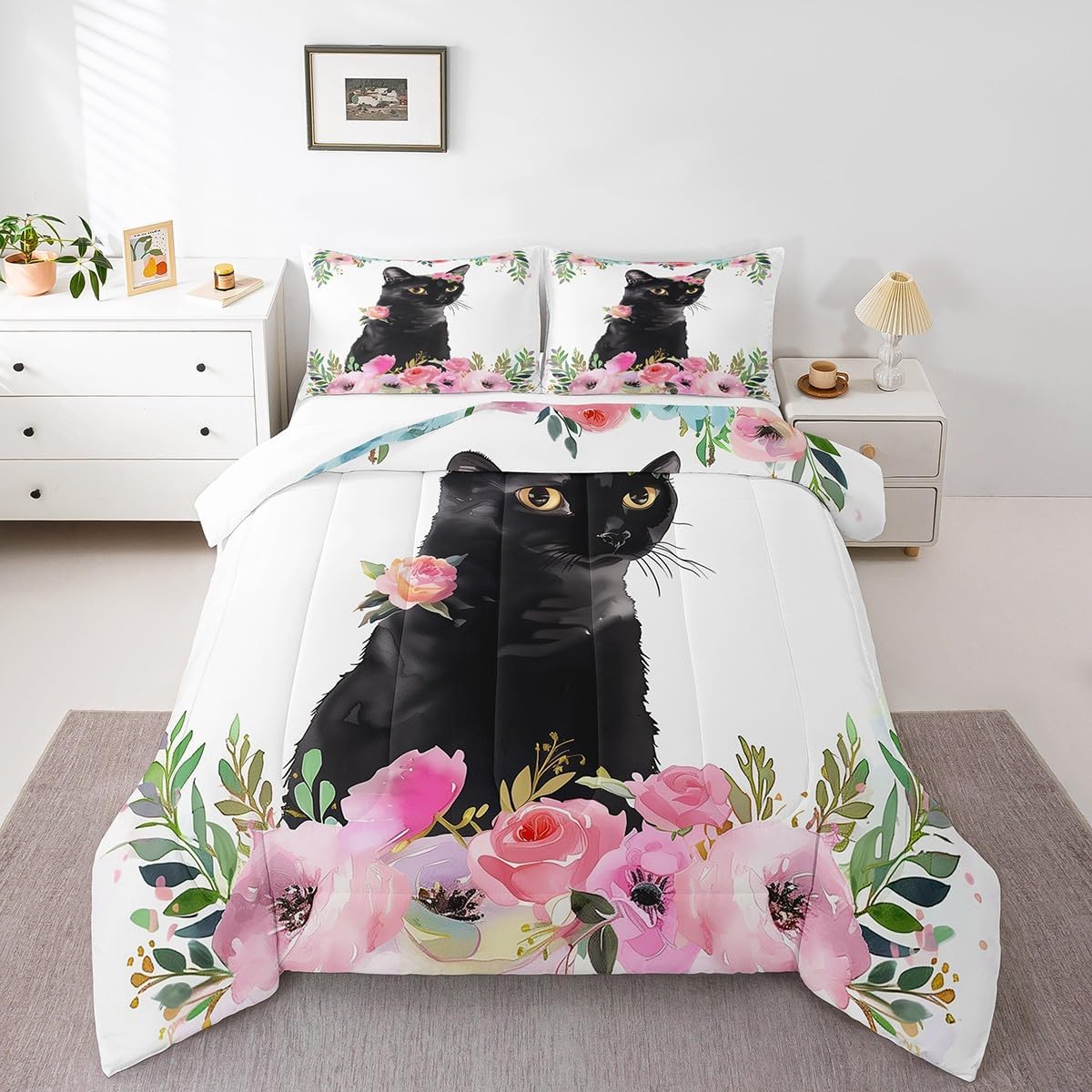 Erosebridal Juego de edredón de gato negro tamaño Queen, juego de ropa de cama de gatito para niños y niñas, bonito edredón de animales para