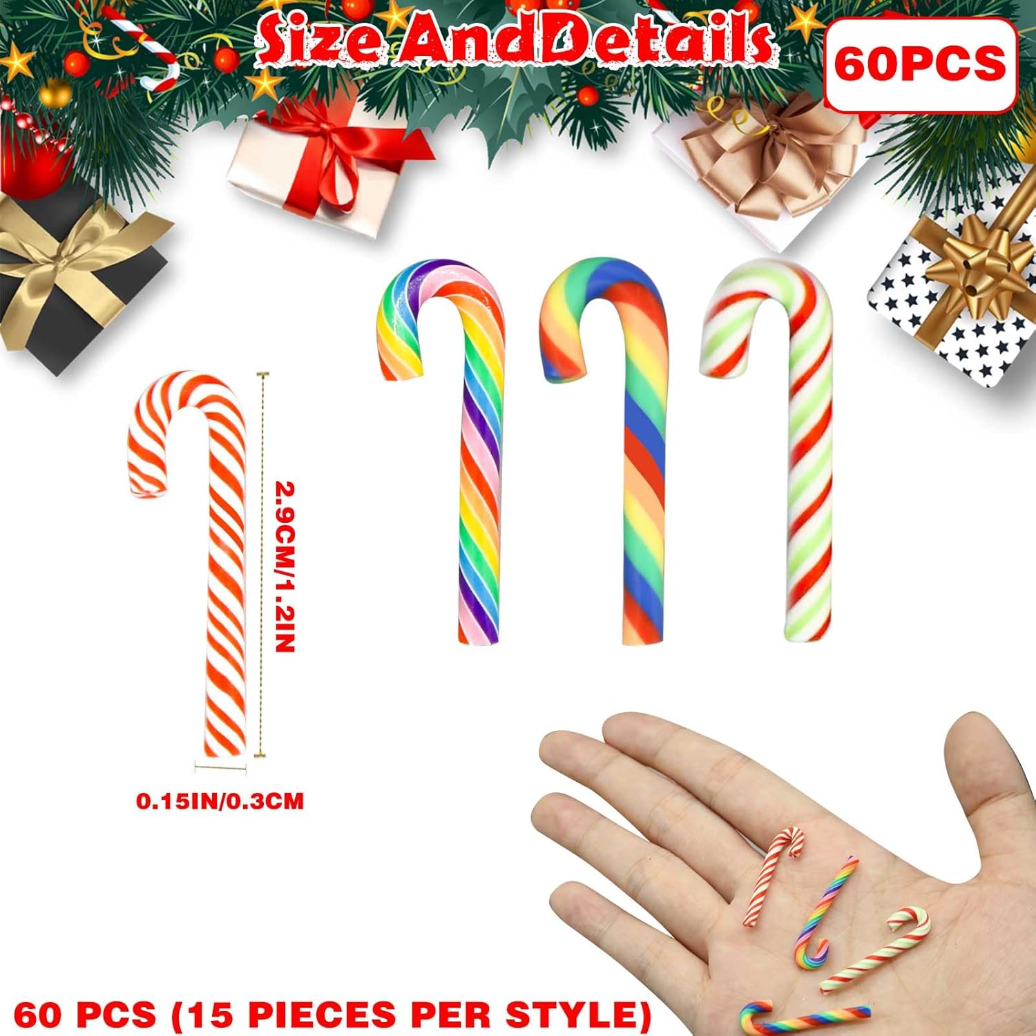 60 bastones de caramelo de Navidad, mini bastones de caramelo falsos, sin agujeros, cuentas de bastón de caramelo para manualidades de Navidad,