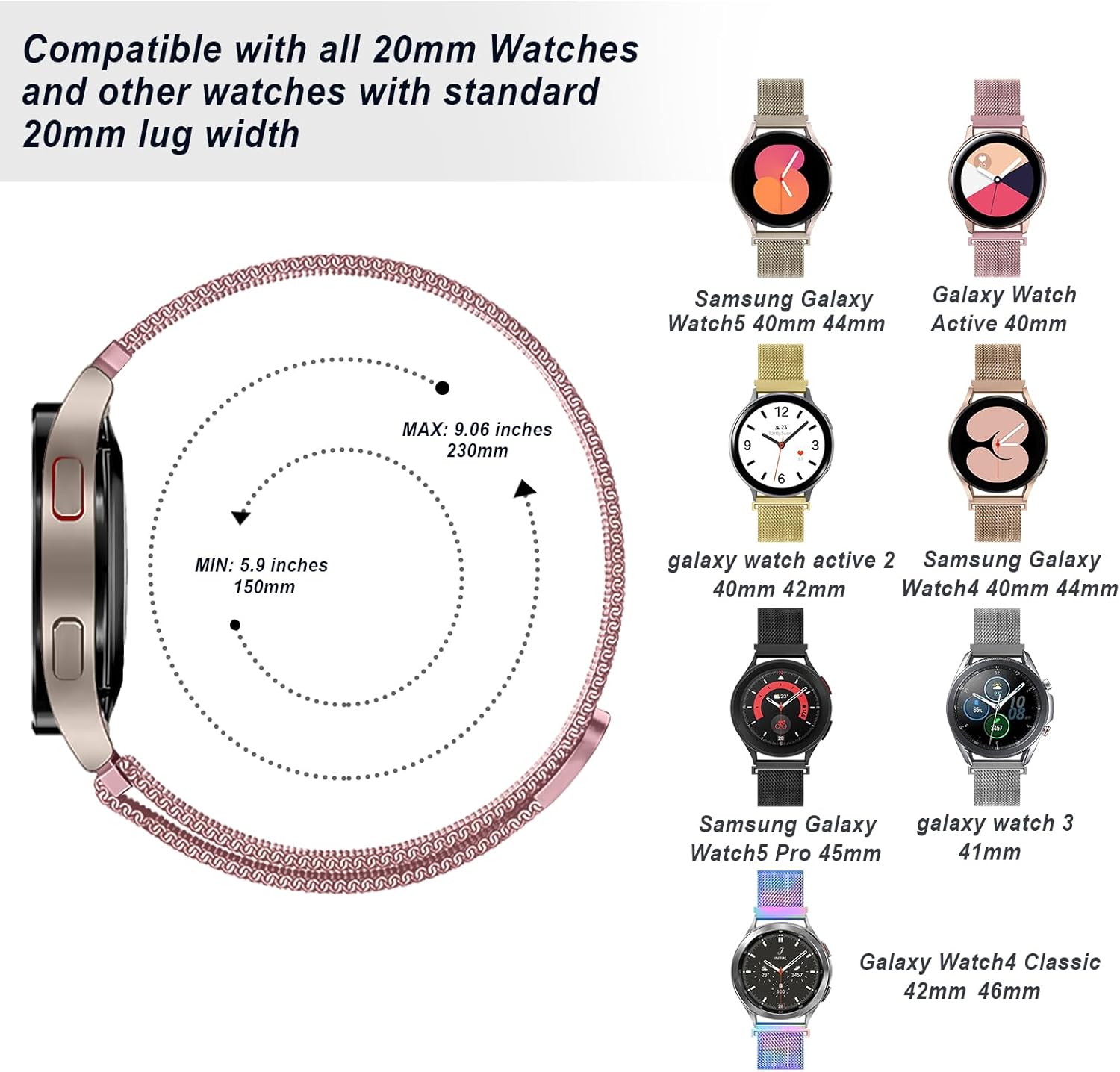 Paquete de 2 correas milanesas para Samsung Galaxy Watch 66 Classic de 1.575 pulgadas, 1.732 pulgadas, 1.732 pulgadas, 1.772 pulgadas, malla