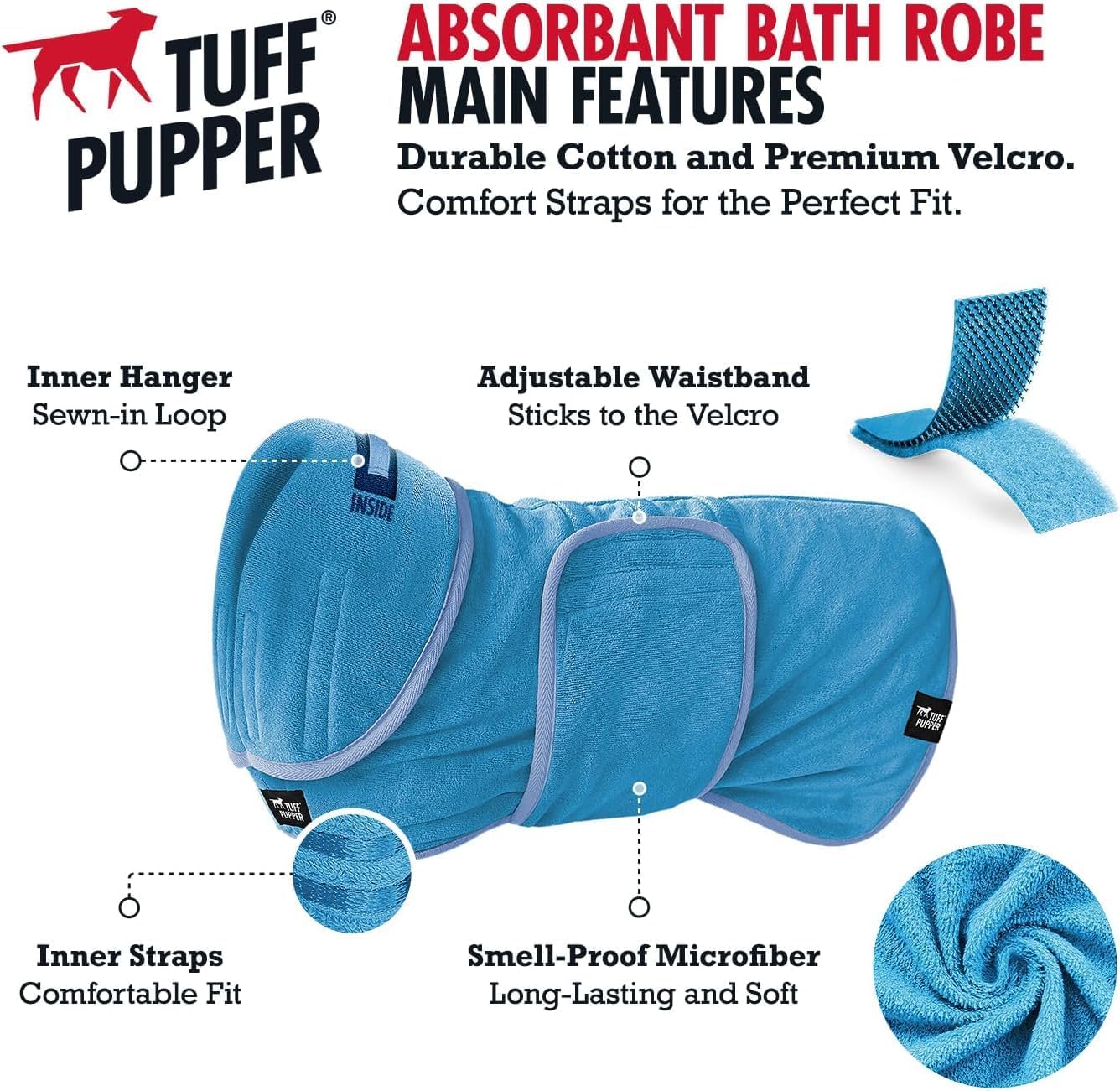 Tuff Pupper Bata de baño para perro de secado rápido, toalla de felpa de 800 GSM, bata de baño súper absorbente para mascotas y cachorros, capucha