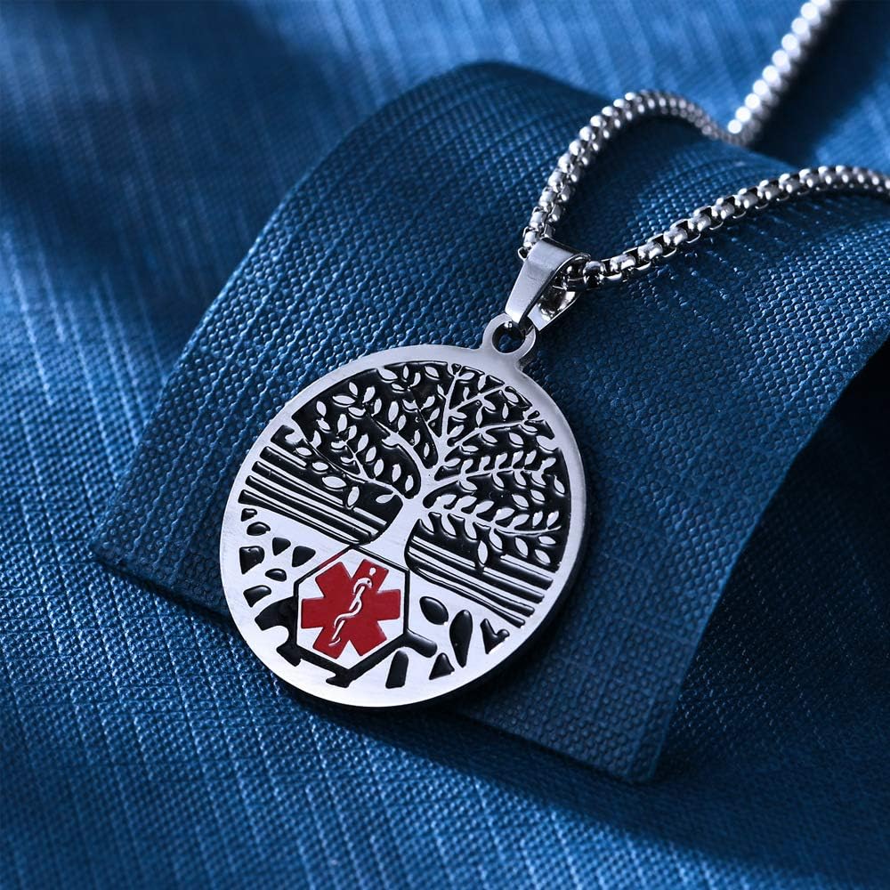 Collar de primeros auxilios de emergencia de identificación de alerta médica del árbol de la vida de acero inoxidable