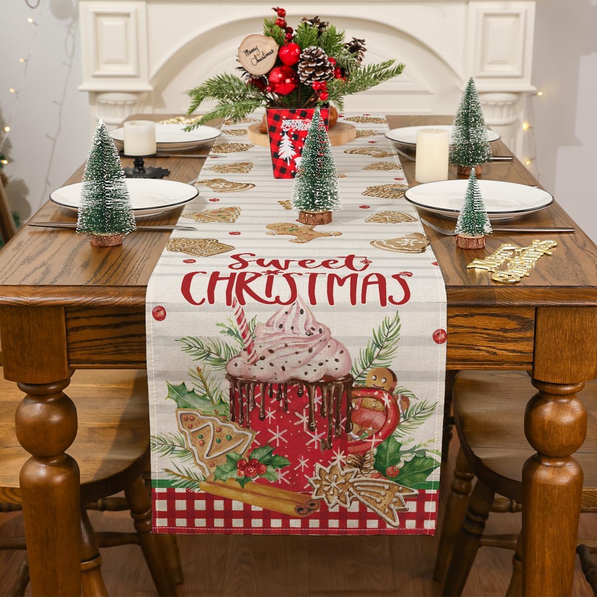 Siilues Camino de mesa de Navidad, decoración navideña de pan de jengibre, helado, dulce camino de Navidad para mesa, decoración de vacaciones de