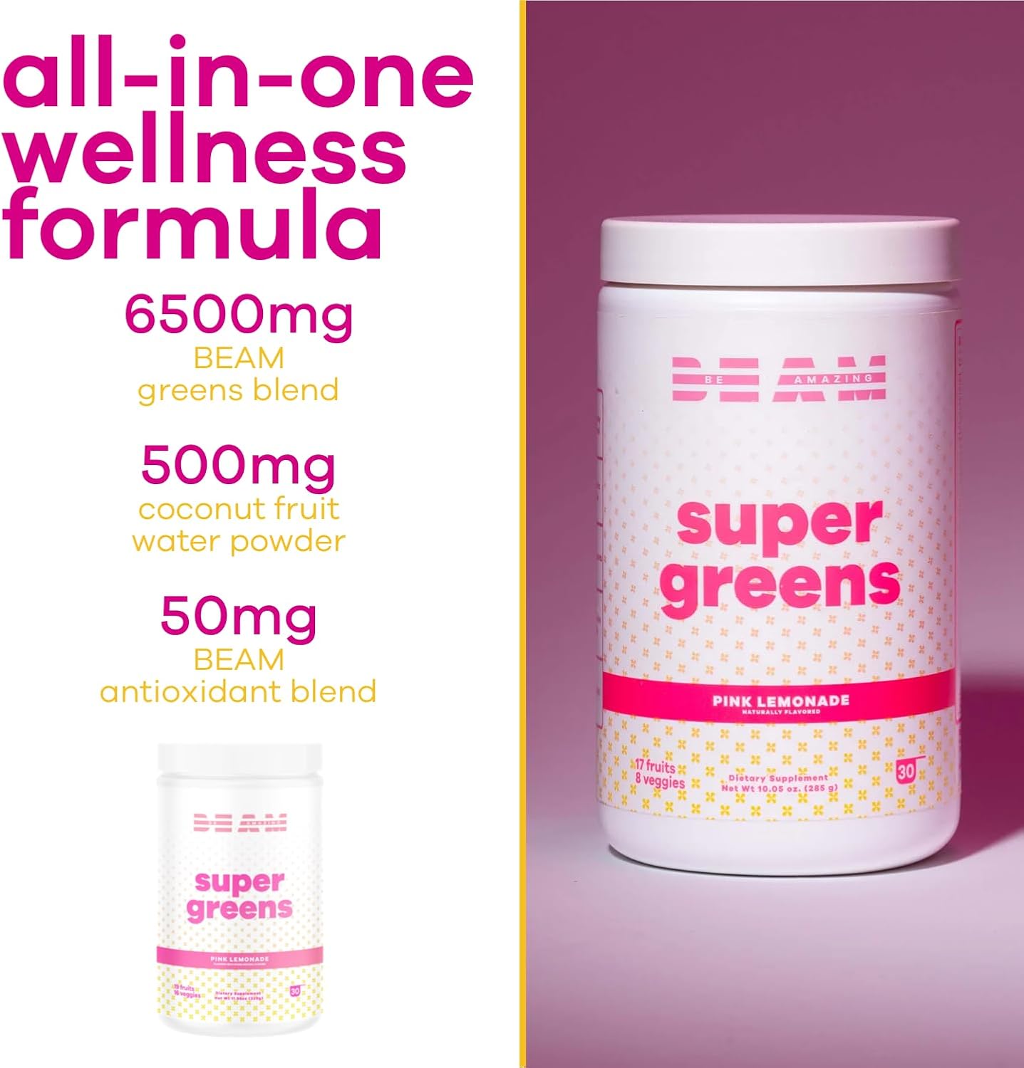 BEAM be Amazing Super Greens – Polvo con prebióticos, enzimas digestivas y antioxidantes  Suplementos energéticos, 18 frutas y 8 verduras  Mezcla de