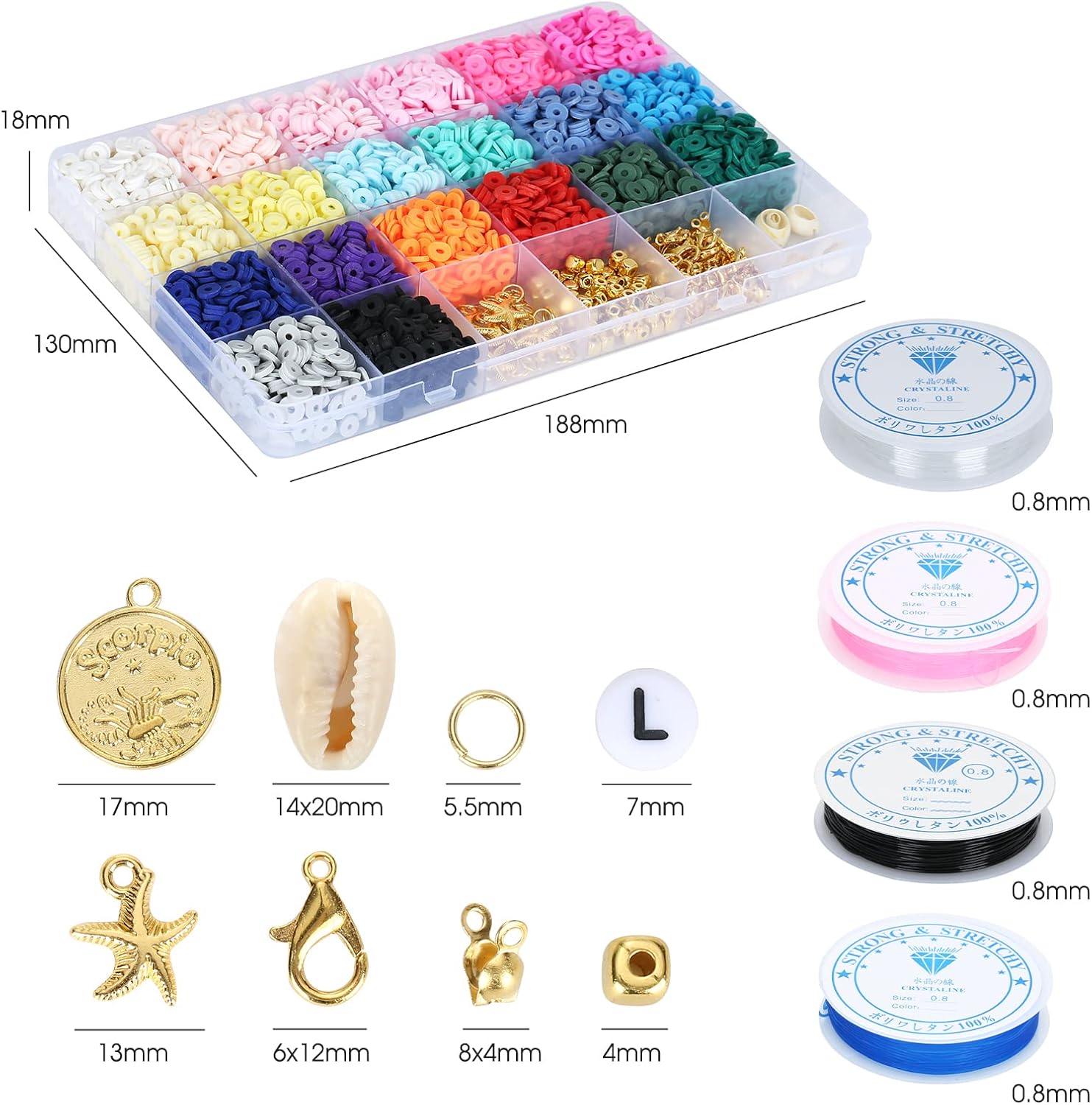 Kit de 4000 cuentas de arcilla para hacer pulseras, collares, regalos, espaciadores de polímero redondos planos con conchas, letras, 20 colores de