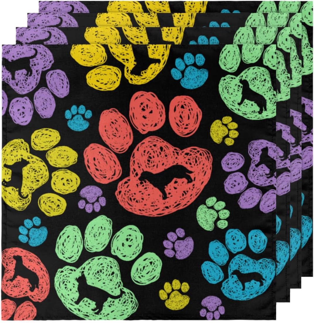 Cloth Napkins Set of 4 Colorful Dog Paw Print 20×20 Inch Cloth Napkins Cute Animal Paw Print Washable Reusable Kitchen Dinner Napkins Table Decor