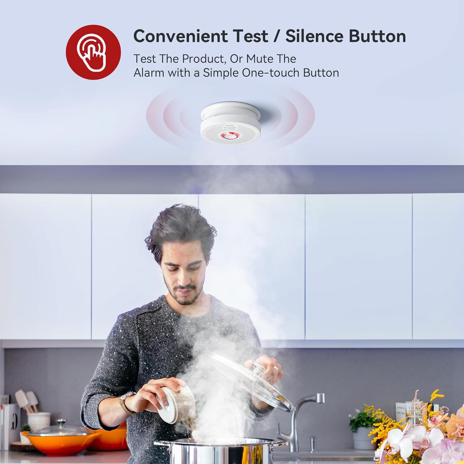 Detectores de humo con sensor fotoeléctrico, alarma de humo con botón de pruebasilencio y advertencia de batería baja, detectores de humo para el