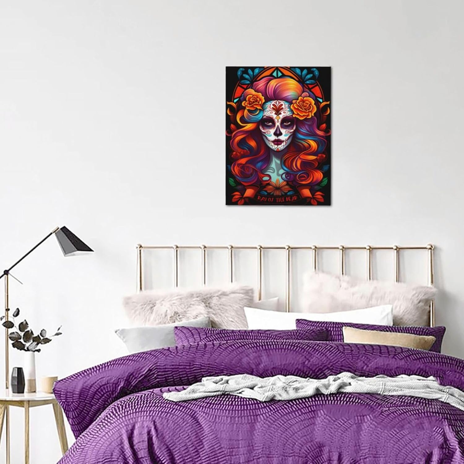WEASYYDS Lienzo decorativo para pared, diseño de calavera de azúcar con vitrales naranjas, decoraciones espeluznantes de Halloween, regalo de obras