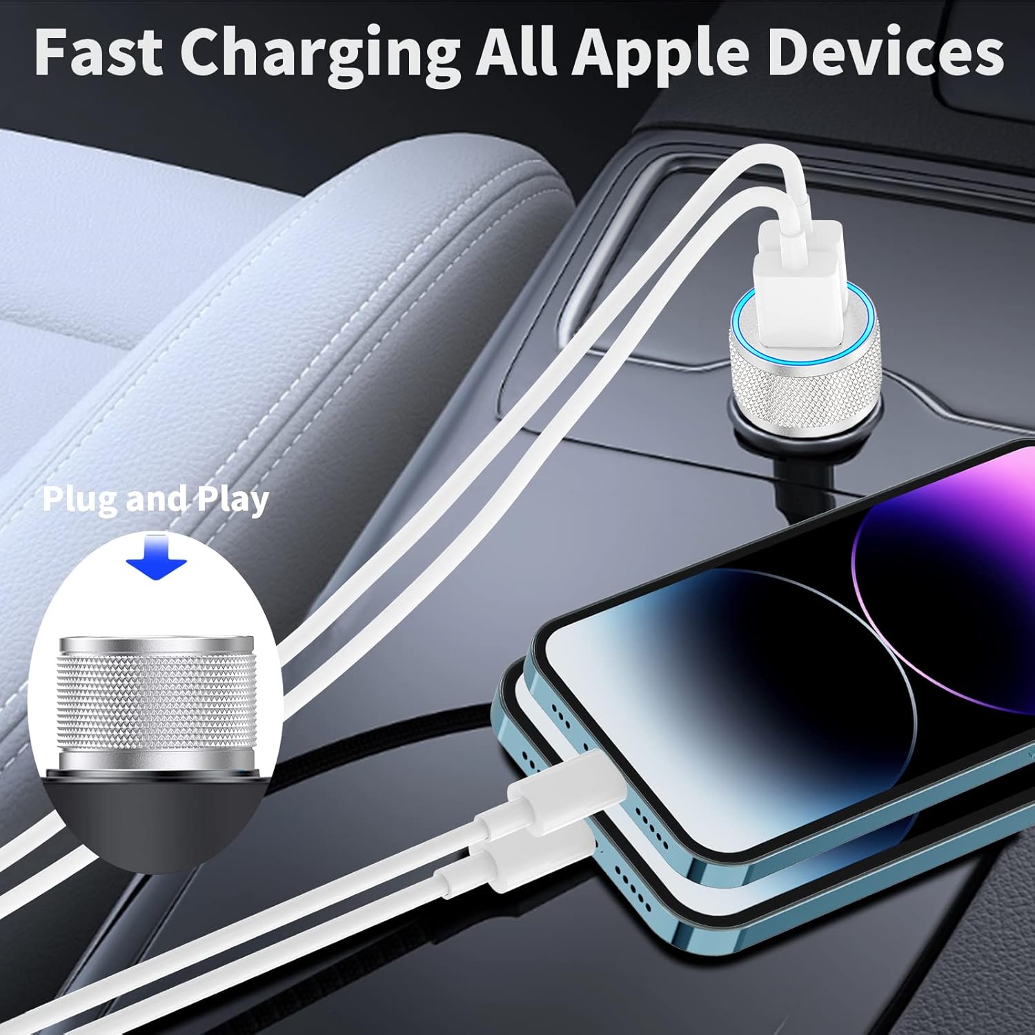 iPhone Car Charger Fast Charging, Apple MFi Certified 4.8A Dual USB All Metal Rapid Power Car Charger with 2 Pack Lightning Cord Quick Car Charging