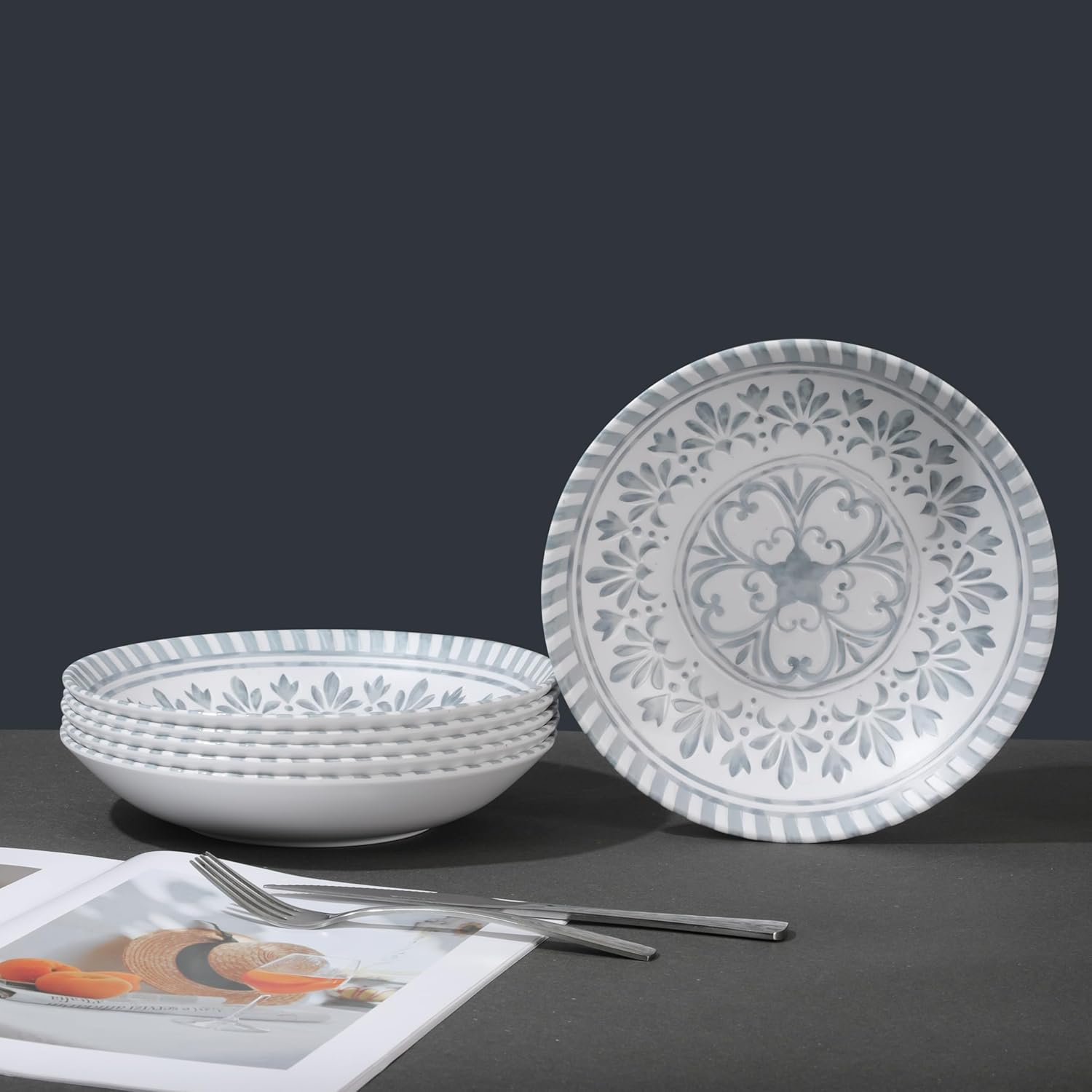 Yinshine Juego de platos llanos de melamina, juego de platos profundos de 9.25 pulgadas, 6 platos de ensalada, juego de platos en relieve para 6,