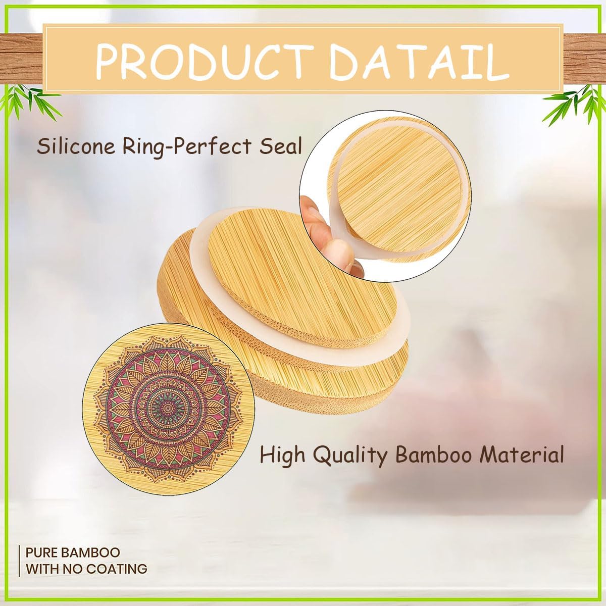 Paquete de 12 tapas para tarros de yogur Oui, tapas reutilizables de bambú natural de mandala Oui con anillos de sellado de silicona para tarros de