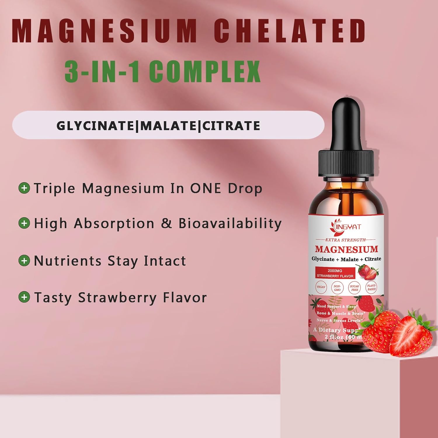 2000 mg de glicinato de magnesio, malato y citrato, absorción de alta potencia, suplemento líquido de triple complejo de magnesio, con Coq10, zinc,