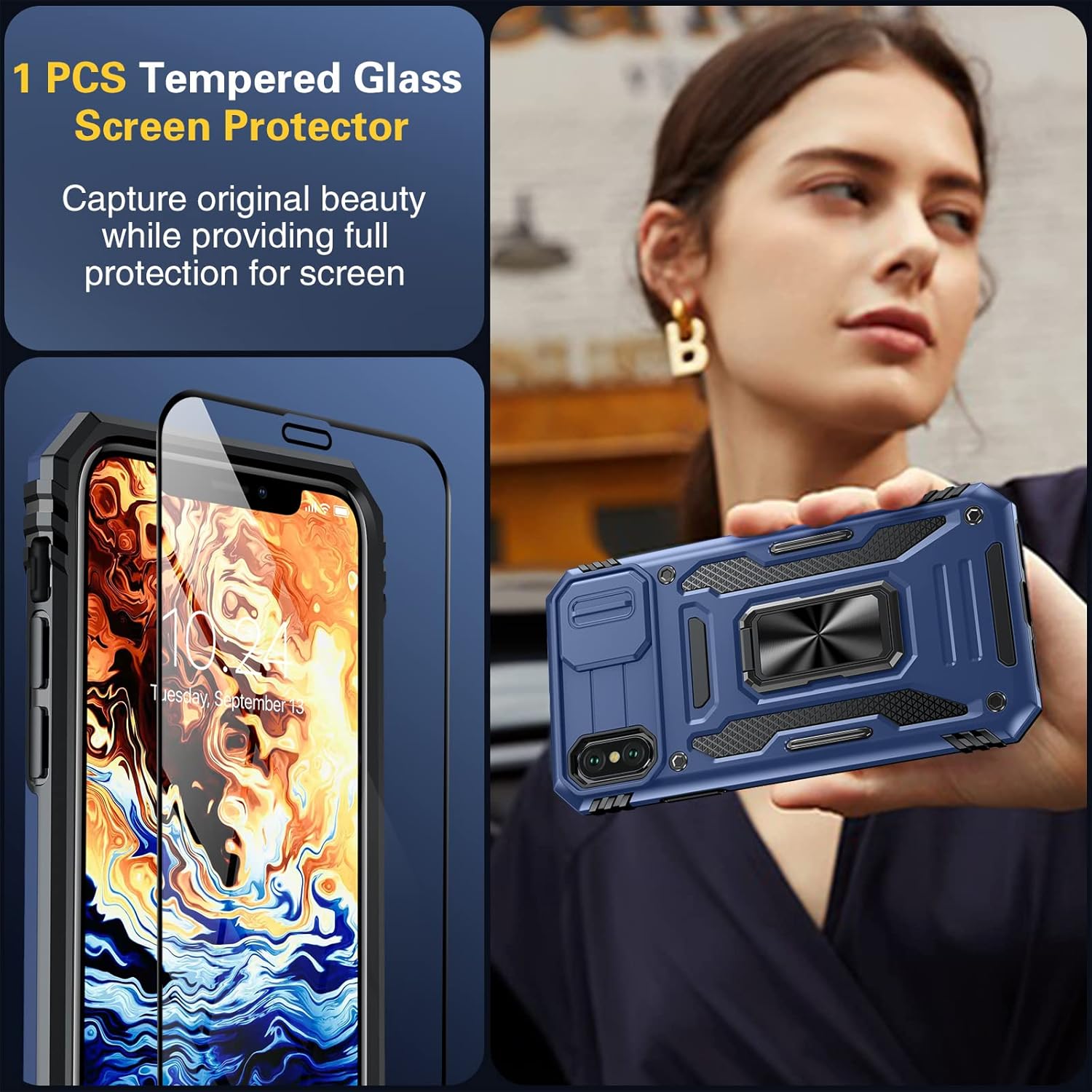 Oterkin Funda para iPhone X, iPhone Xs con cubierta deslizante para cámara y protector de pantalla de vidrio templado, soporte giratorio de 360,