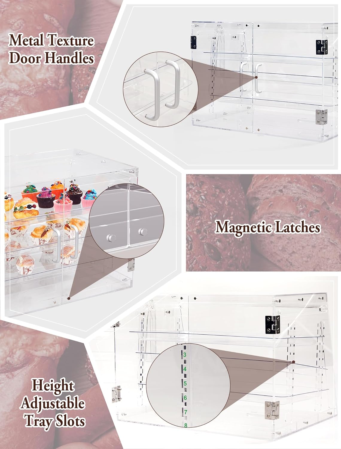 Estuche de exhibición de pastelería, caja de pan transparente, vitrina de panadería extraíble de 3 niveles con pinza para pan, vitrina comercial