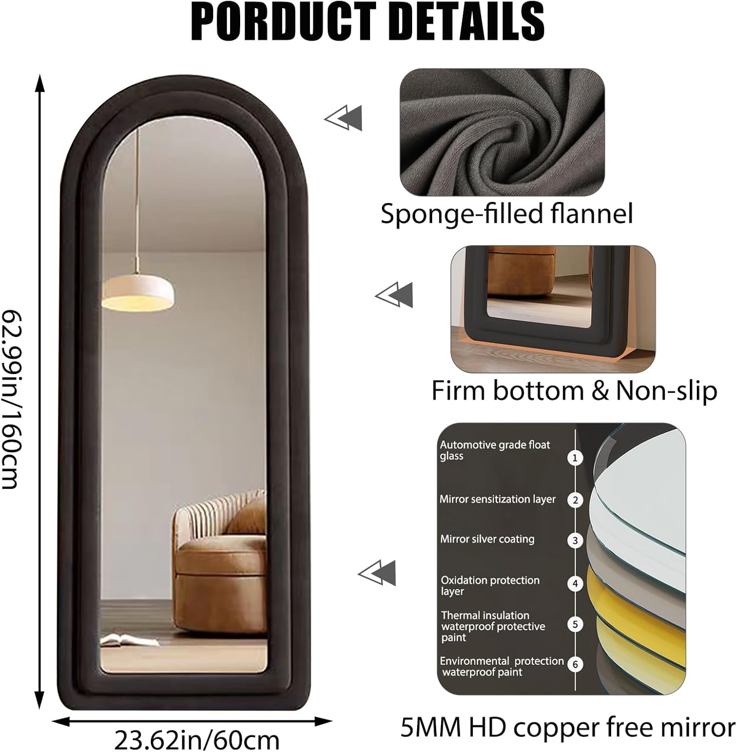 Espejo de franela de longitud completa con soporte arqueado para colgar en la pared, espejo corporal de 63 x 24 pulgadas, HD modernos y grandes