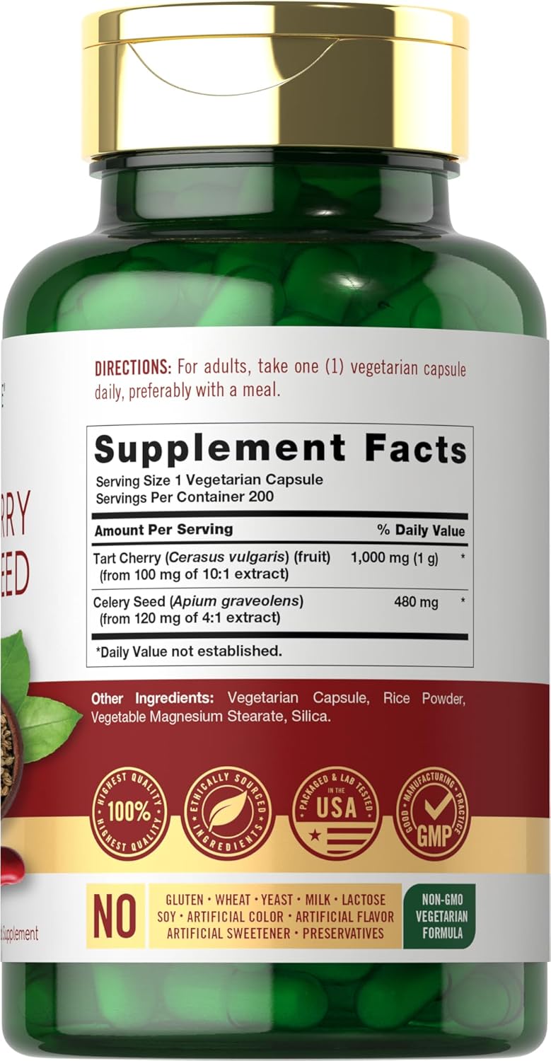 Carlyle Suplemento de semillas de apio y cereza agria  200 cápsulas  Vegetariano, sin OMG y sin gluten