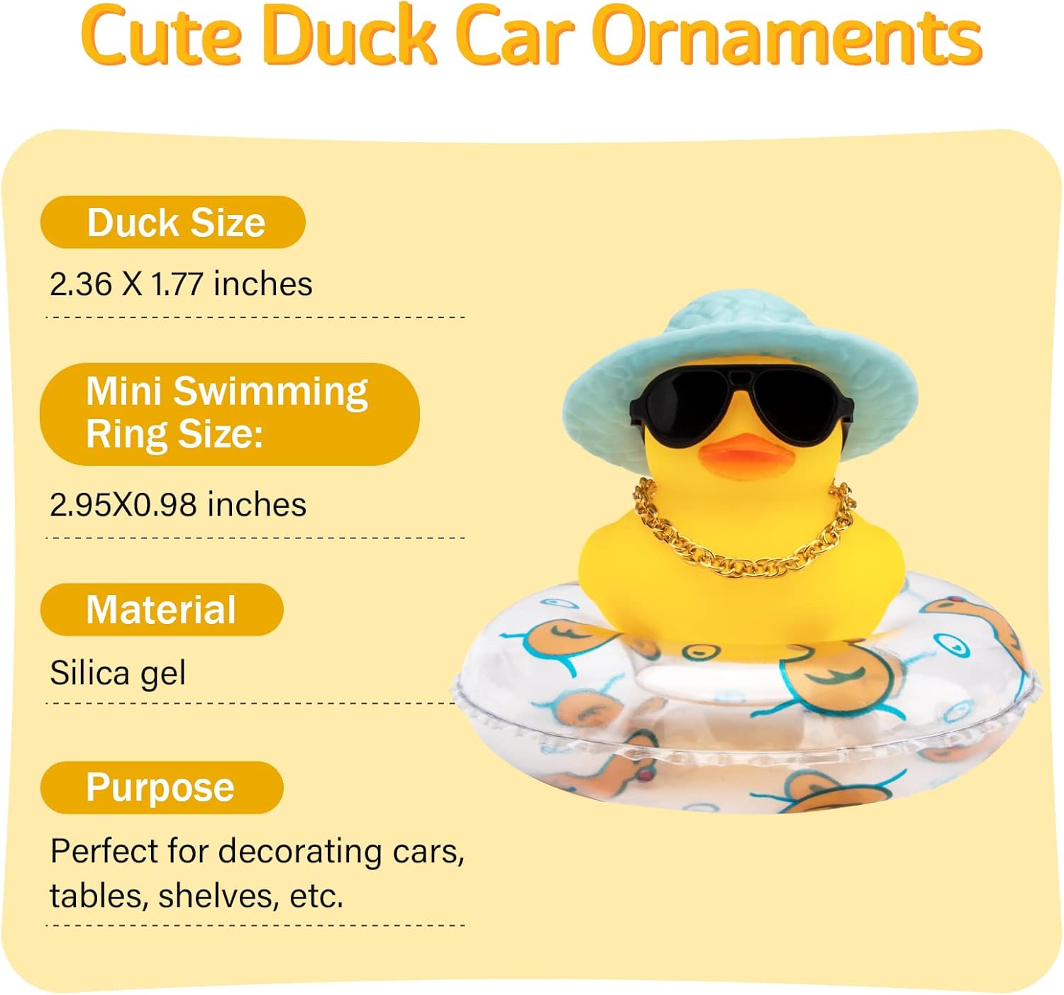 wonuu Adornos de pato de goma para automóvil, 3 unidades, diseño de pato amarillo, decoración de tablero de automóvil, con mini sombrero, anillo de