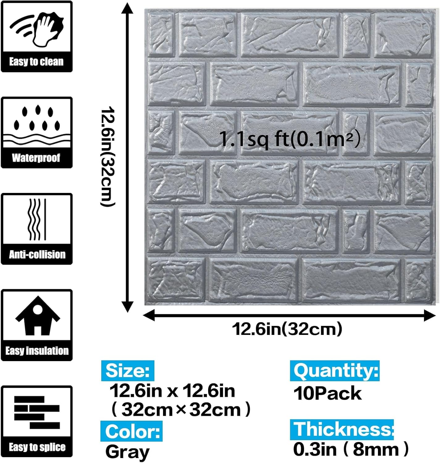 WAPANE Papel tapiz de ladrillo 3D autoadhesivo, 10 paneles de pared autoadhesivos, espuma de polietileno impermeable, pintable, para dormitorio,
