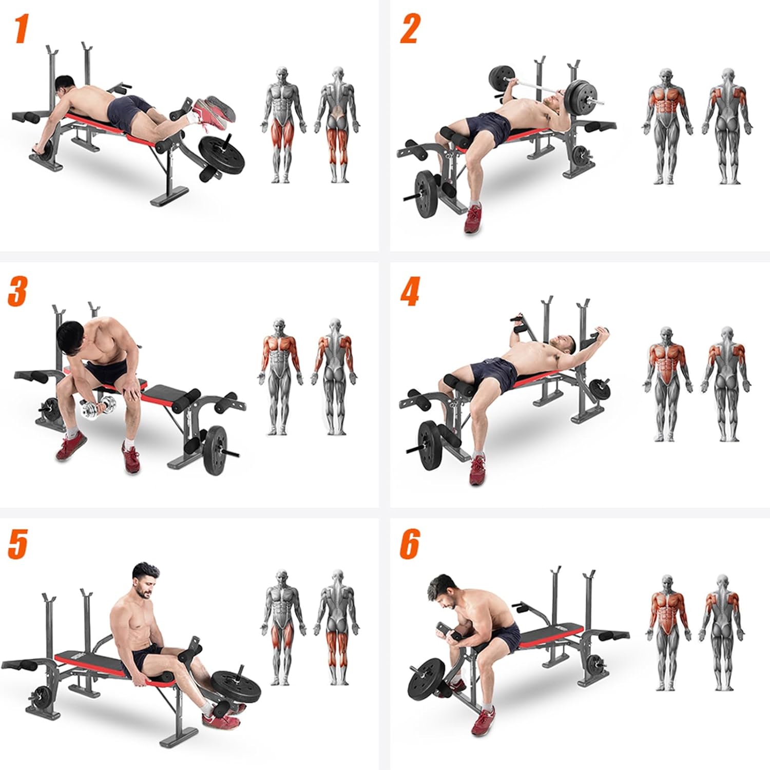 Equipo de entrenamiento de banco de pesas estándar 6 en 1 para gimnasio en casa, entrenamiento de cuerpo completo, juego de prensa de banco, rizo de