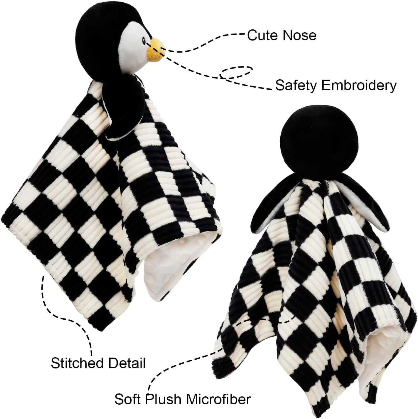 Manta de bebé Lovey para niños y niñas, súper suave tablero de ajedrez con respaldo de tela de punto minky, pingüino, animal de peluche, bonito
