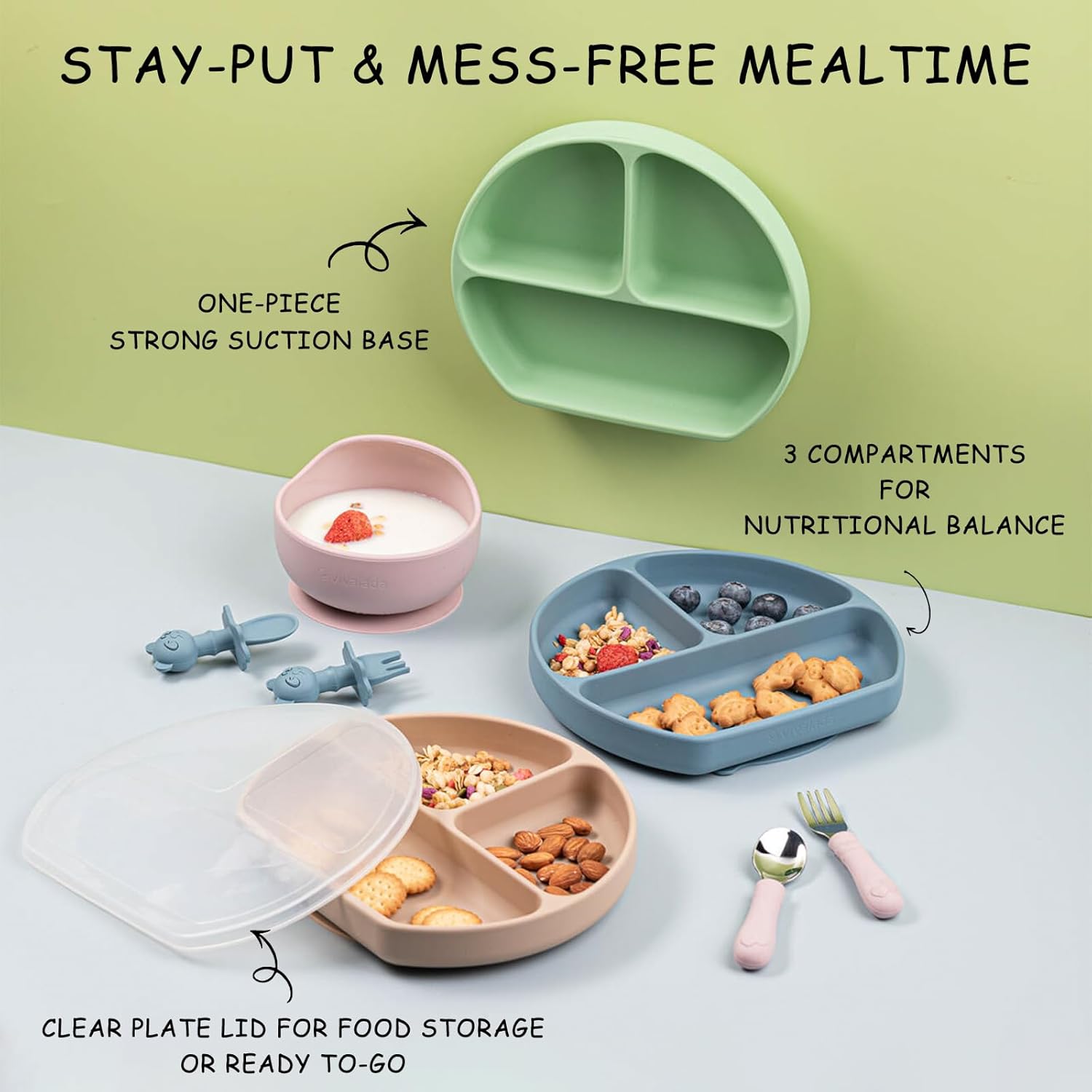 Juego de alimentación de silicona para bebés, suministros de destete para bebés, placa de succión para bebés con tapa y cuenco, cucharas de