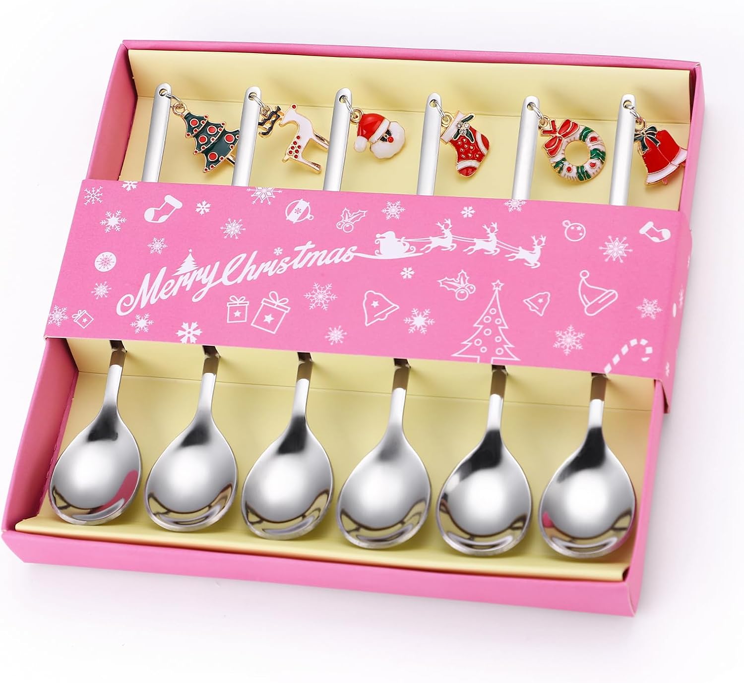 Cucharas de postre, cubiertos plateados de acero inoxidable de Navidad, 6 piezas con caja de regalo de Navidad, perfectos para fiestas de café y