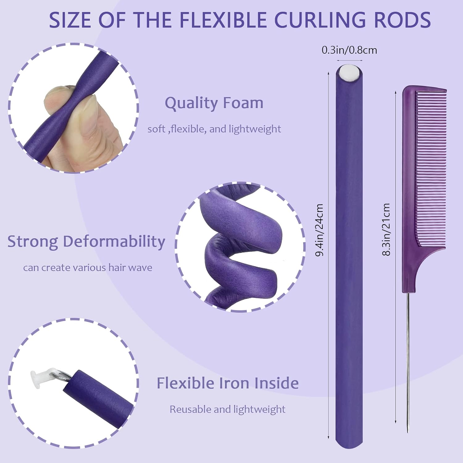 60 varillas flexibles para rizar, de espuma giratoria, sin calor, rodillos de pelo y peine de cola de rata de acero para cabello largo y corto, para
