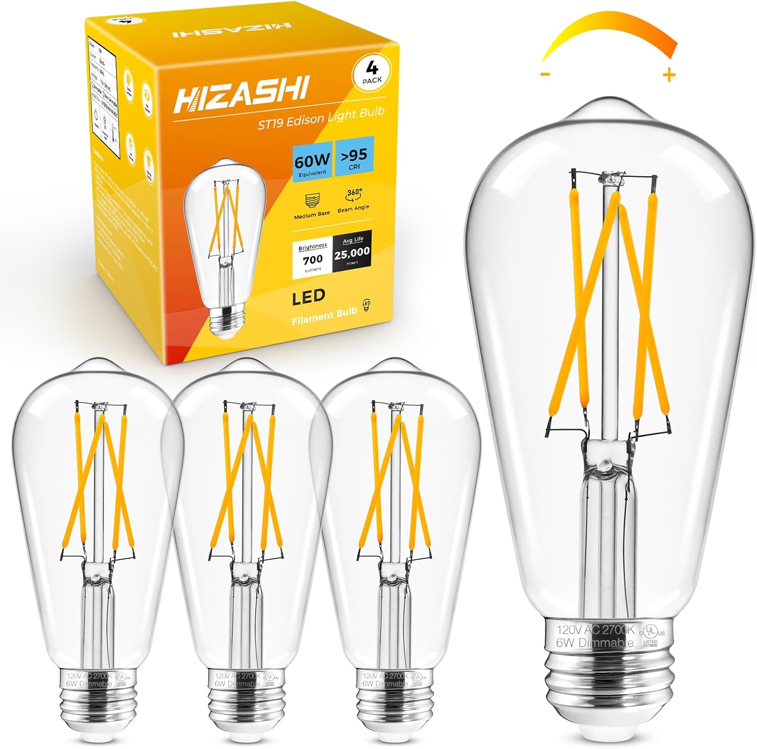 Hizashi Bombillas Edison regulables LED de 60 W, bombilla E26 de 2700 K, blanco cálido ST19, bombillas vintage, 95+CRI, certificación UL, 700