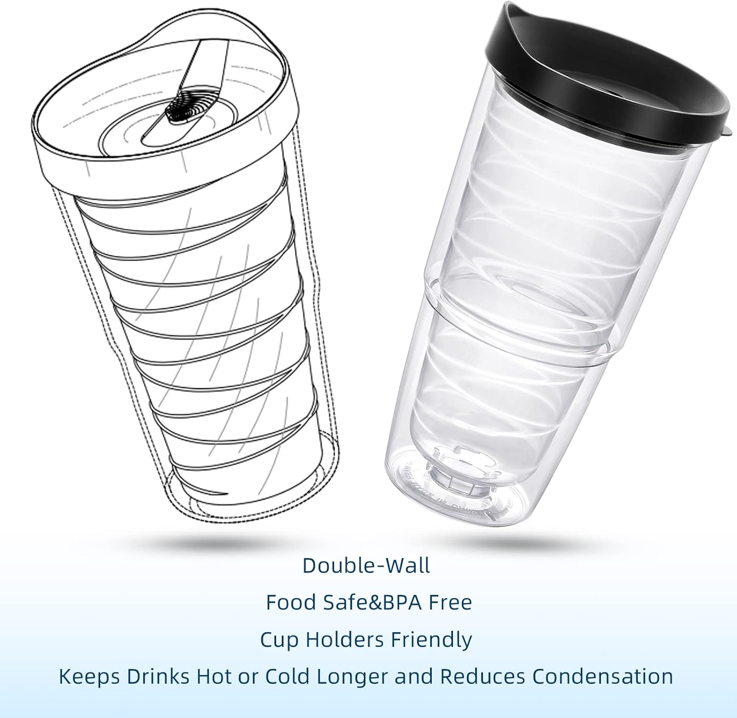 Modwnfy Vaso transparente aislado de 24 onzas, paquete de 4 vasos de doble pared con tapa negra y pajita, vasos de plástico, vasos transparentes de